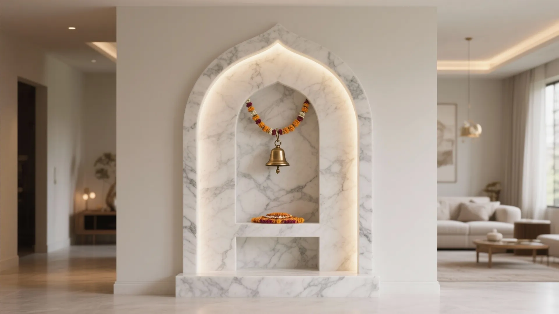 Modern-classical off-white marble arch framing a small pooja niche with warm lighting.