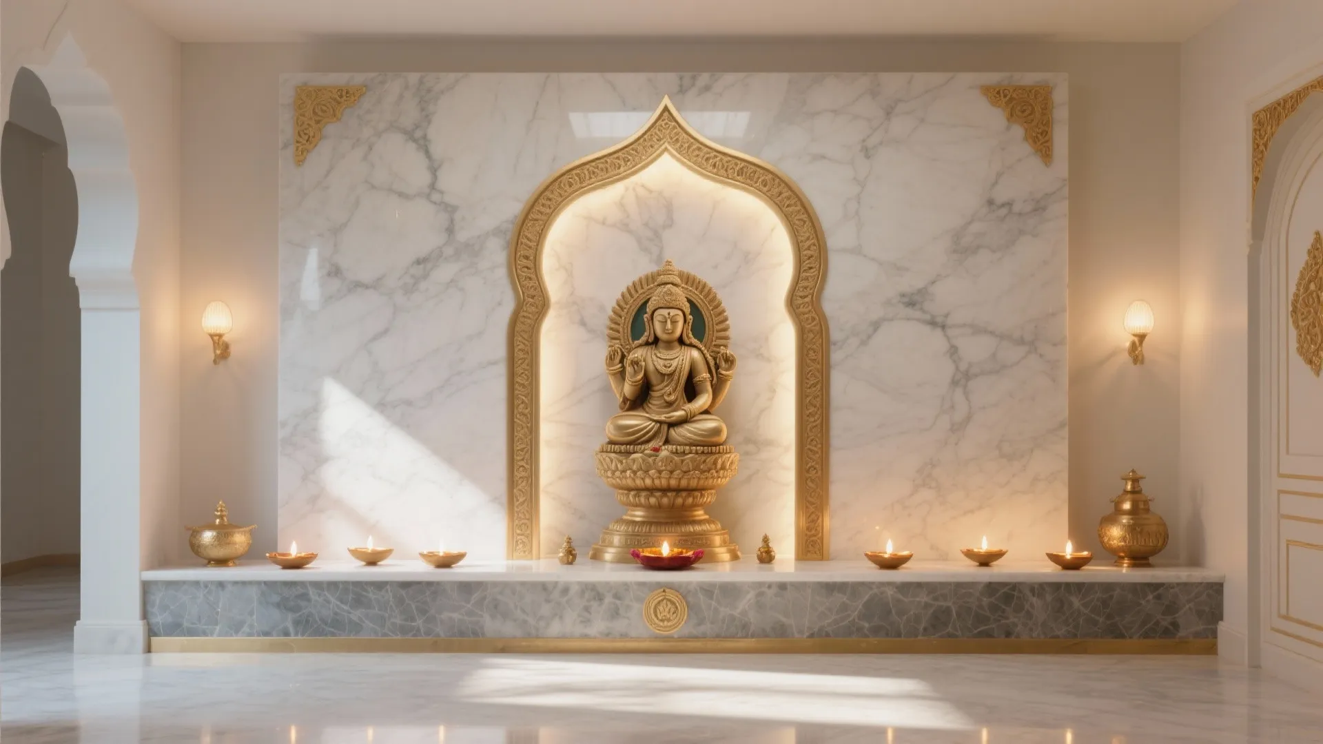 Modern prayer space with white marble wall gold arch gold statue and small oil lamps