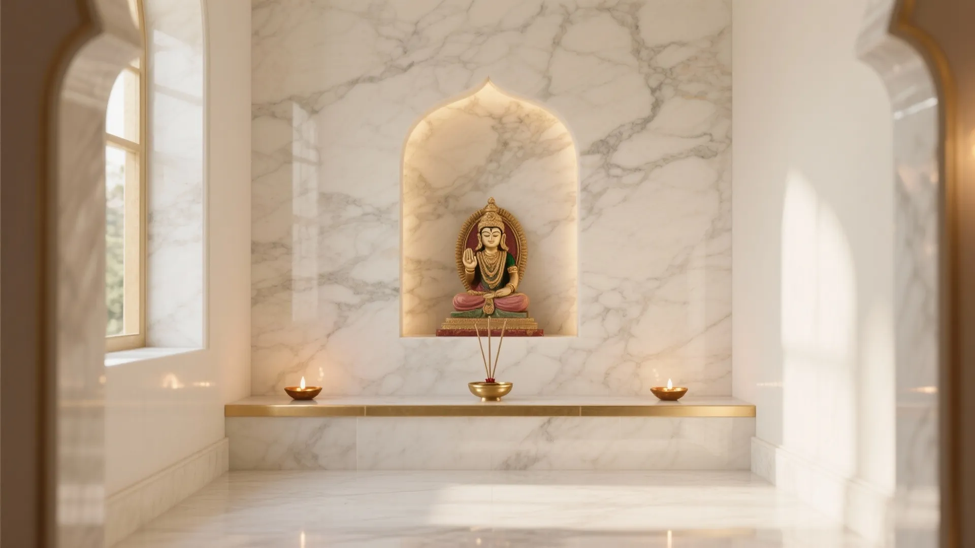 Bright marble room with a central wall niche containing a small statue and burning incense