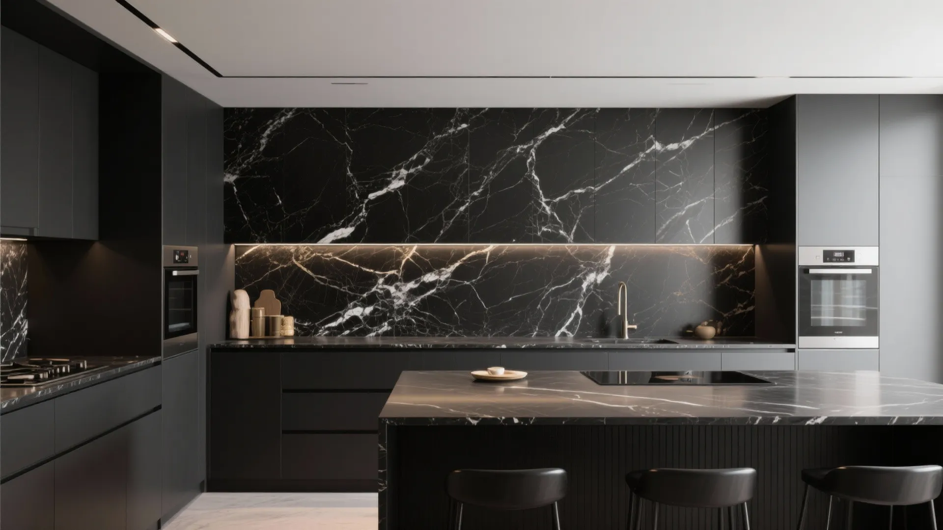 Modern kitchen featuring black marble wall dark cabinets gold tap and built-in silver oven unit