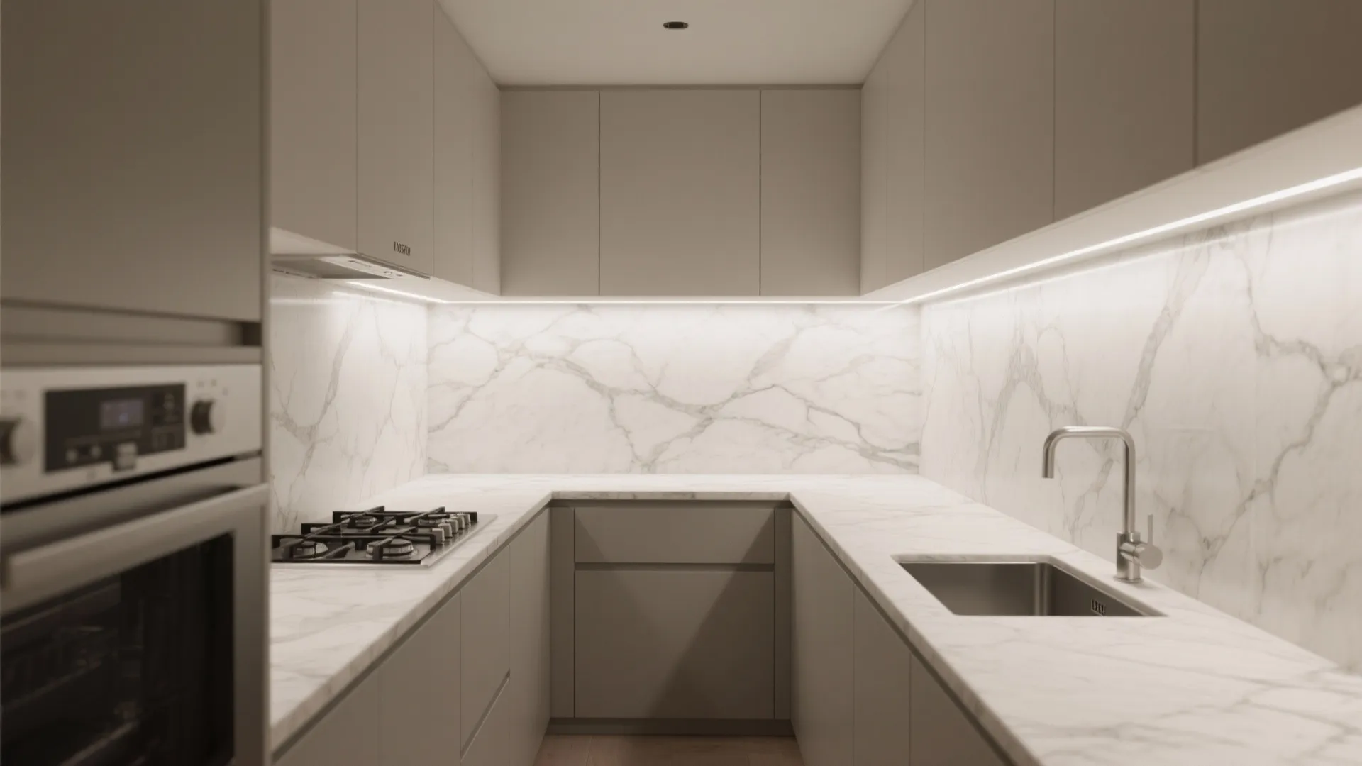 Compact Kitchen: Marble Backsplash Wall