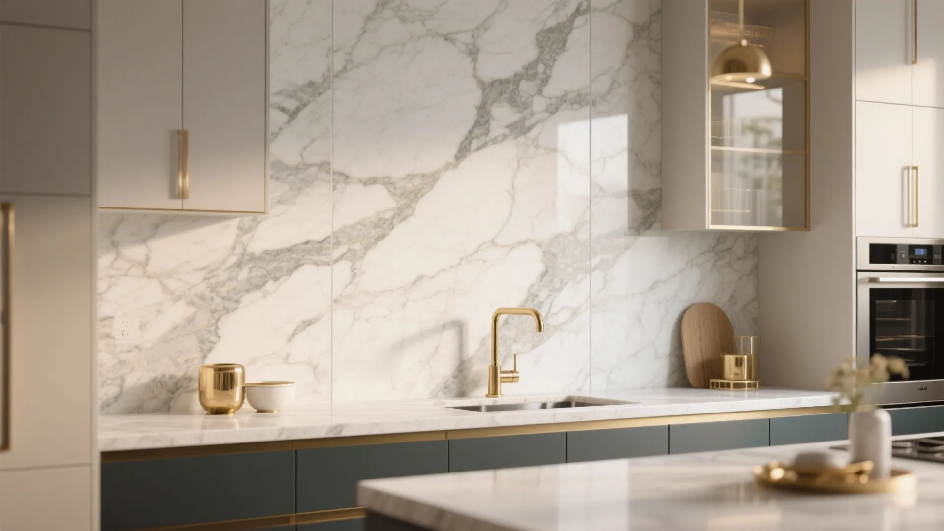 2. Marble-look backsplash with brushed gold accents