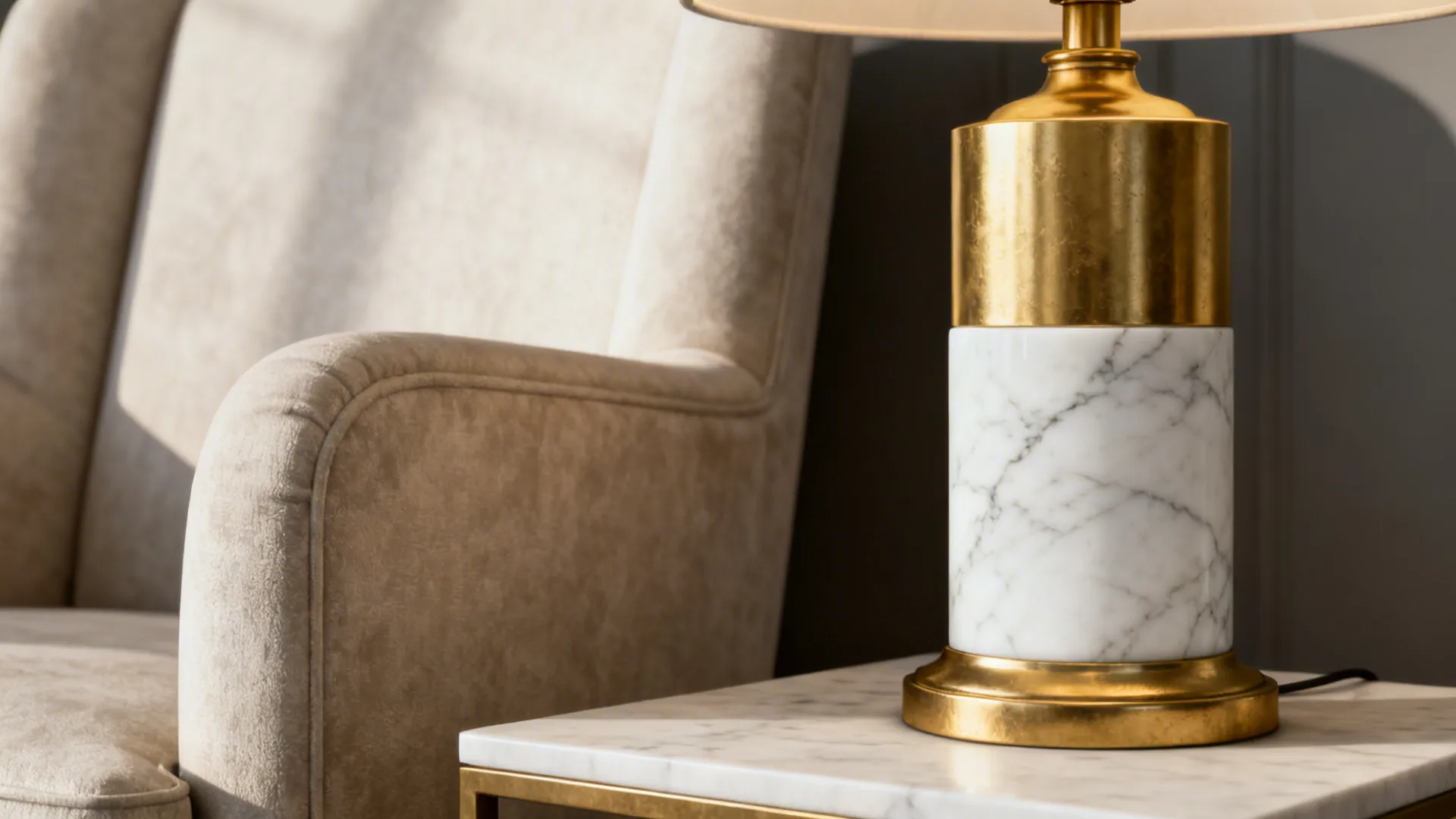 Gold table lamp with a white marble base on a small side table next to an armchair.