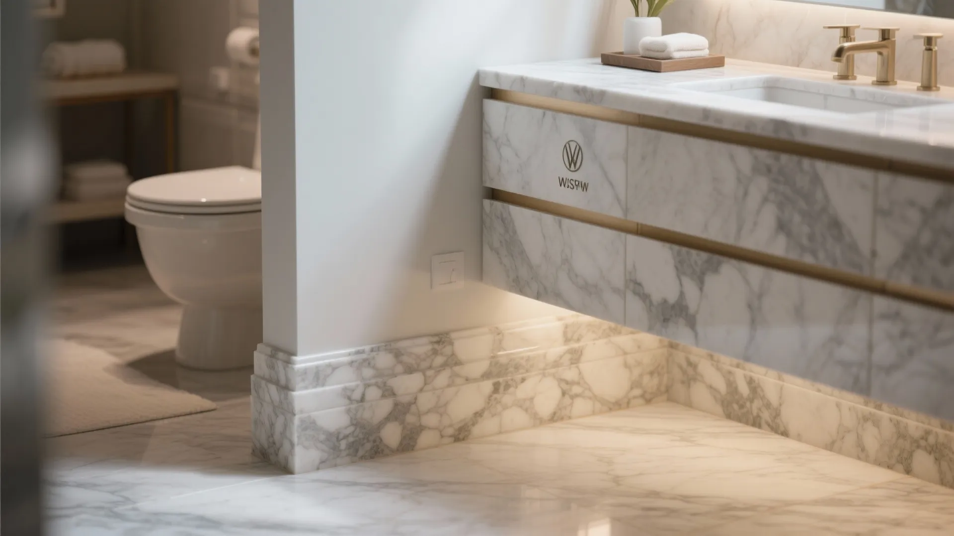 Bathroom with marble baseboard matching vanity top