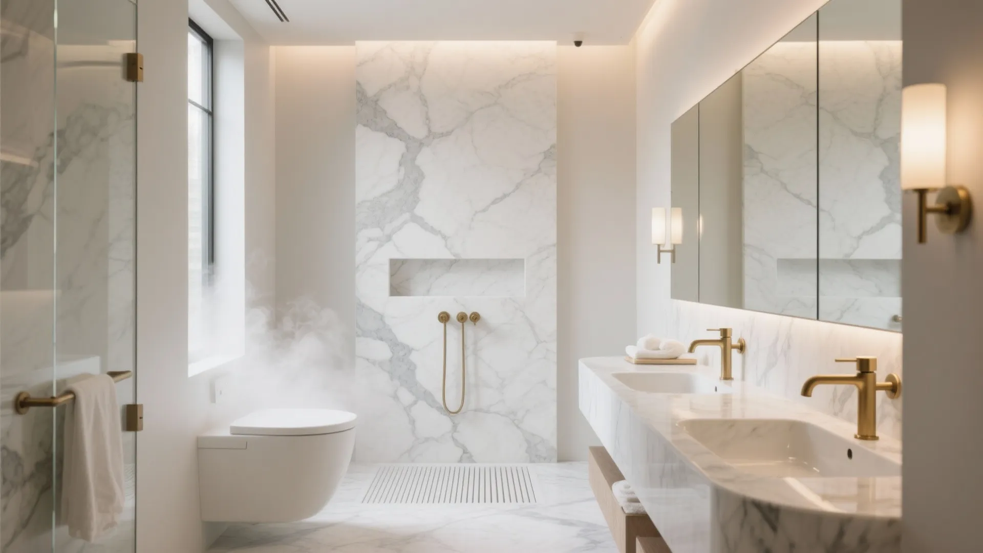 Modern white marble bathroom with double sink vanity gold faucets toilet and large wall mirror