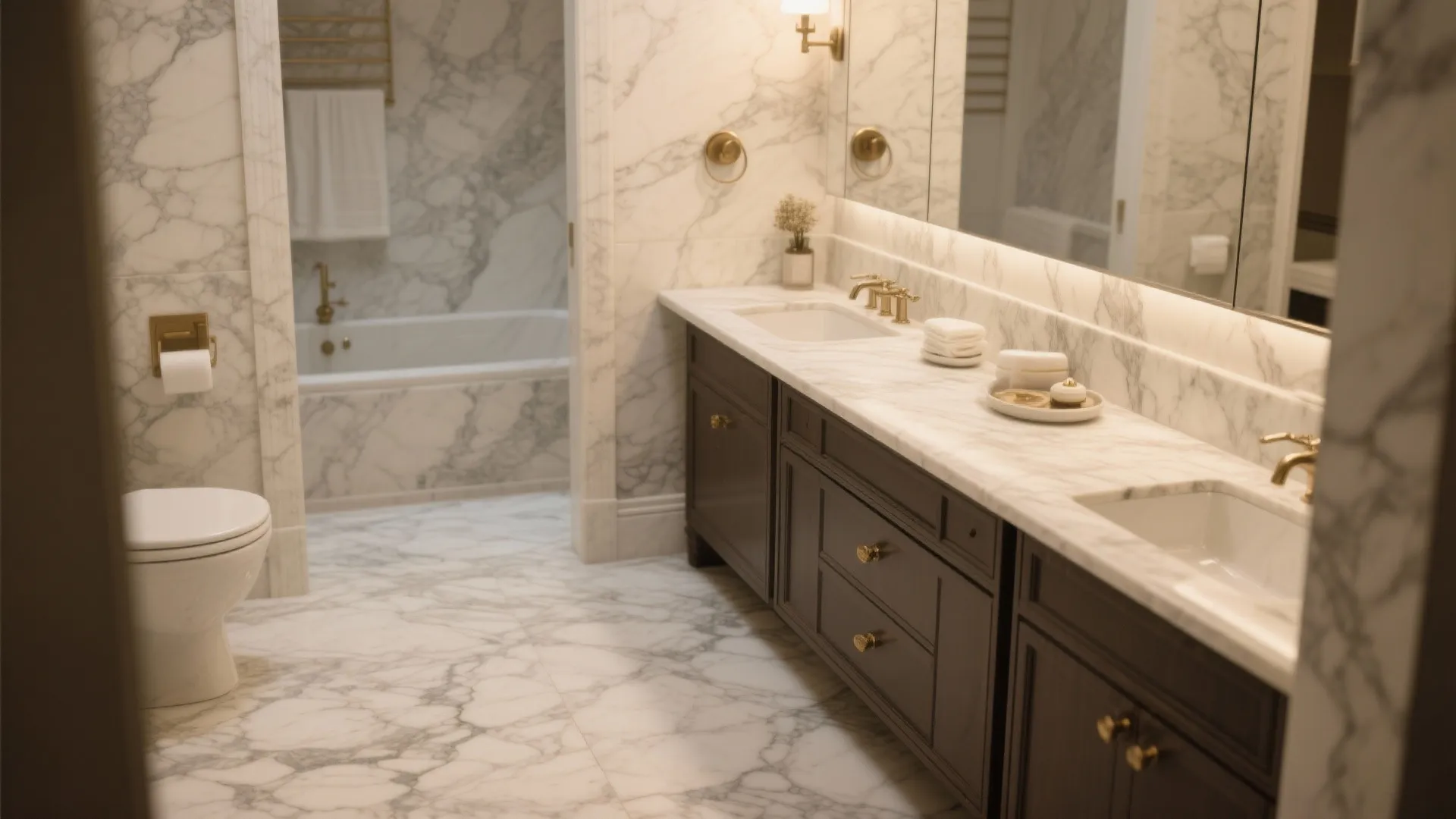 Luxury marble bathroom featuring dark wood cabinet with double sinks white toilet and large bathtub area
