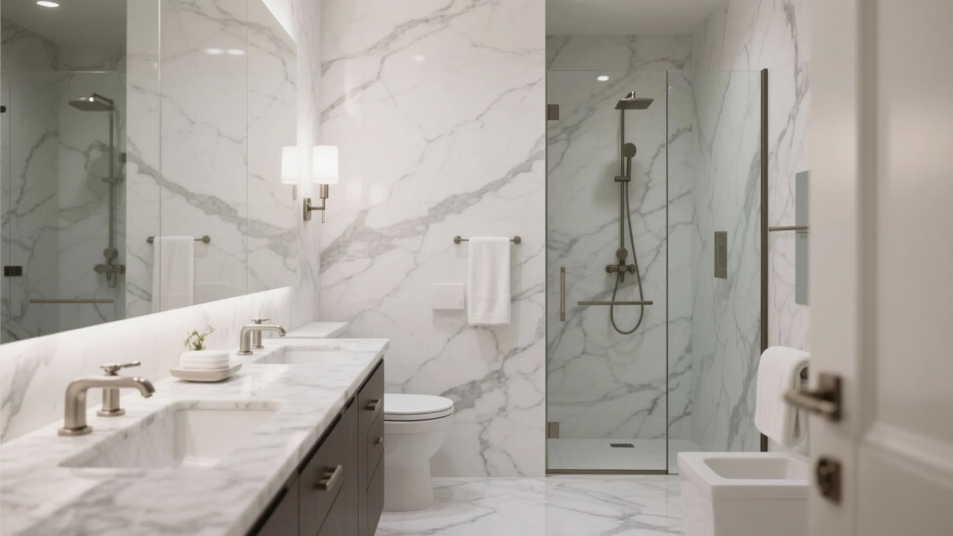 Modern marble bathroom with double sink vanity dark wood cabinets glass shower and white toilet