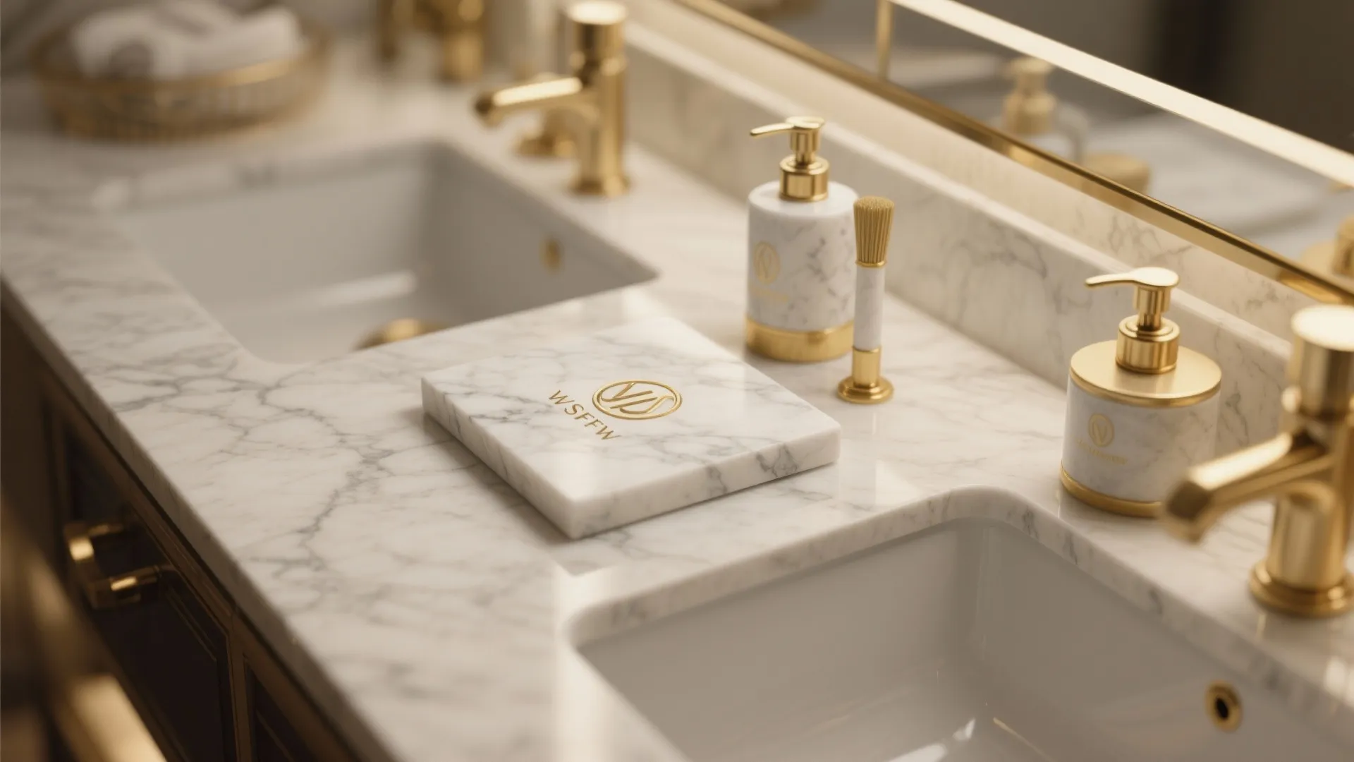 White marble bathroom countertop with double sinks gold faucets and matching soap dispenser set decorations