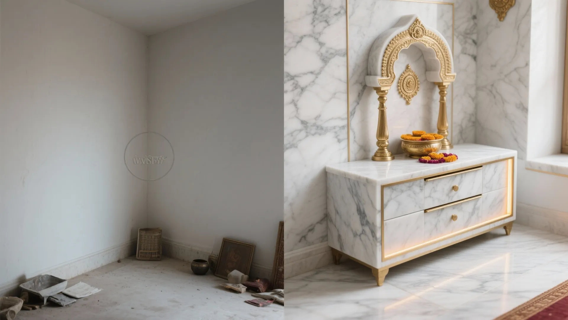Monochrome Marble Altar with Brass Accents