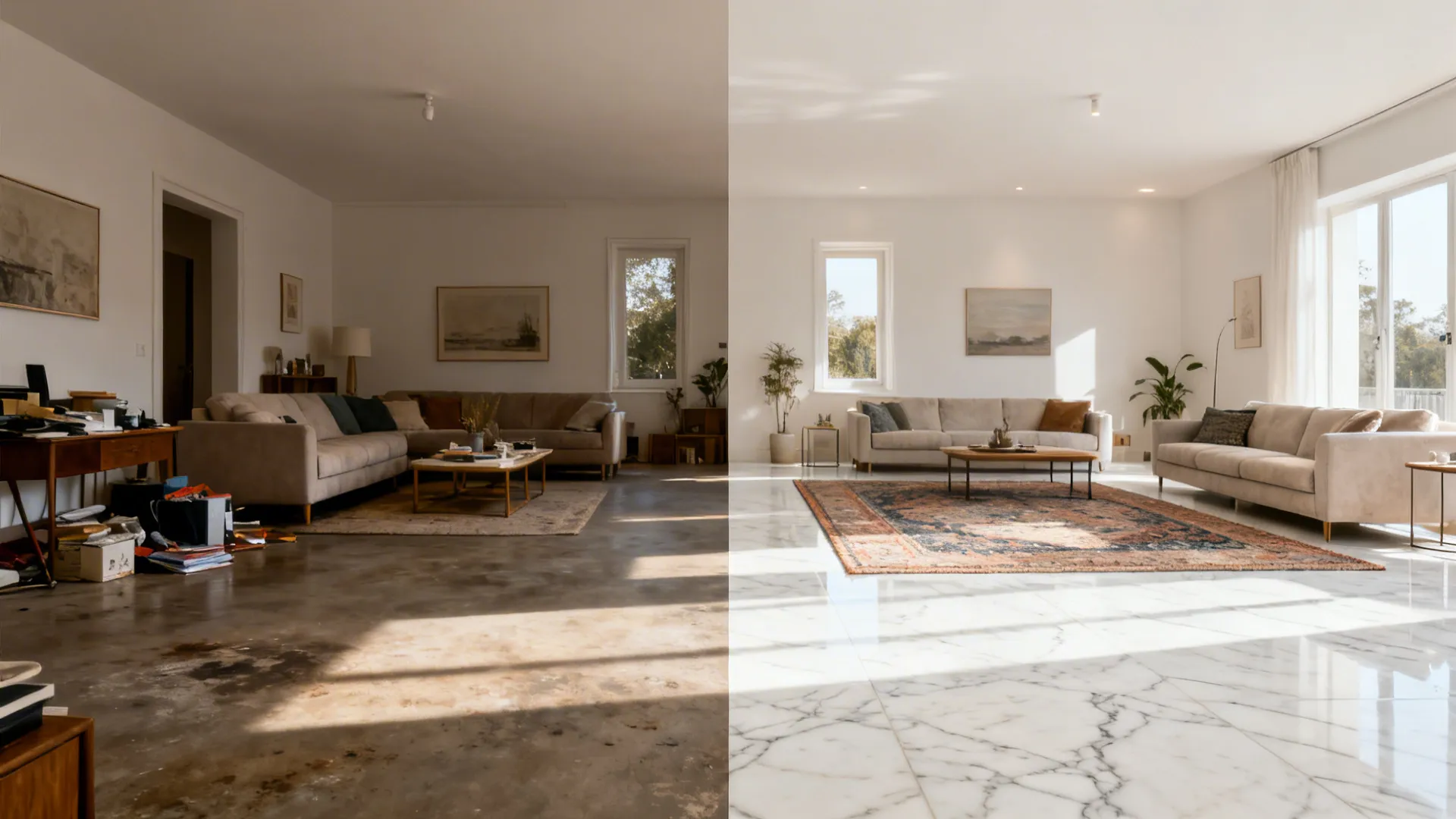 Before-and-after of a small living room transformed with bright white marble flooring and a rug.