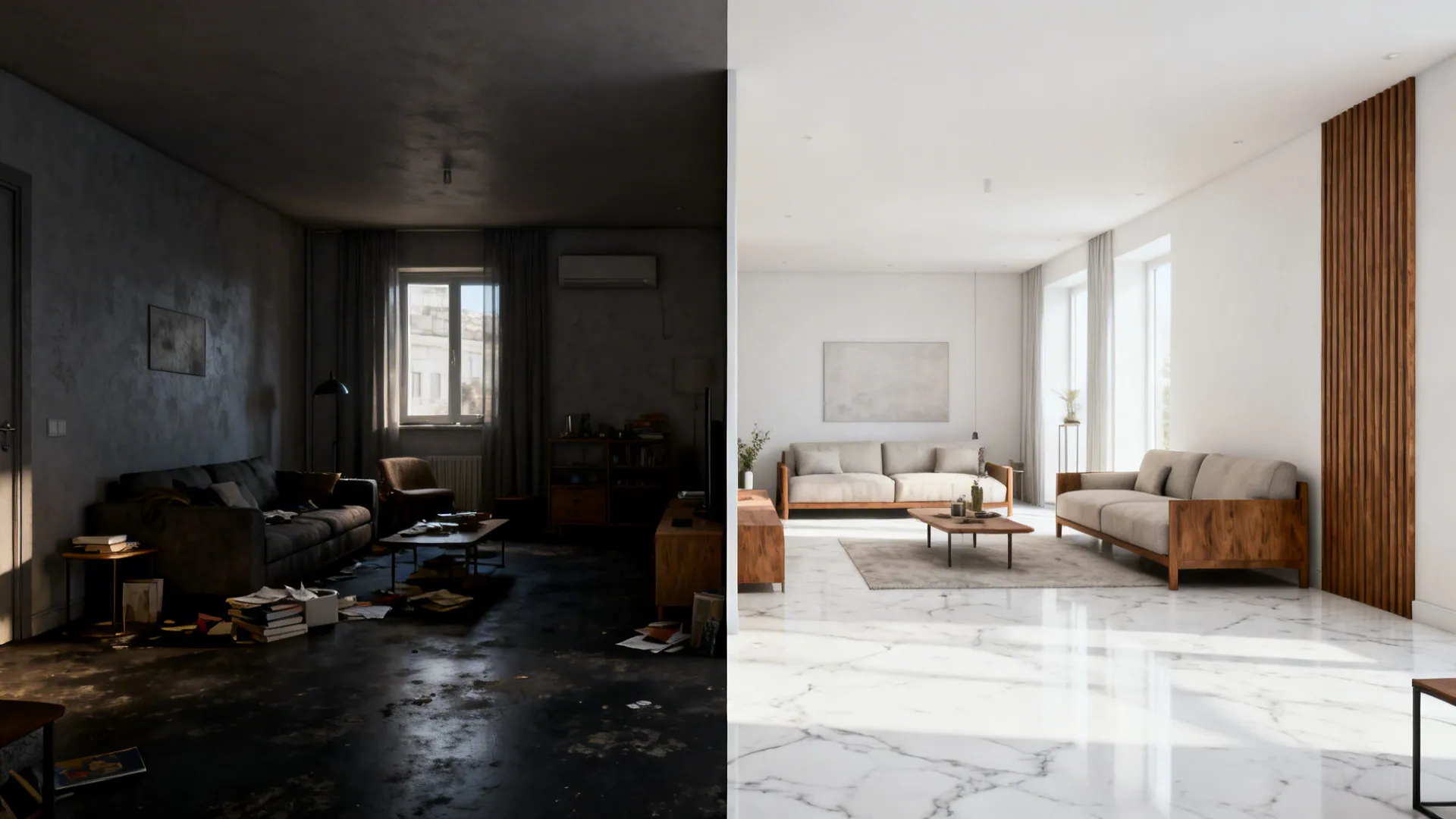 Before-and-after of a small living room transformed with white marble flooring.
