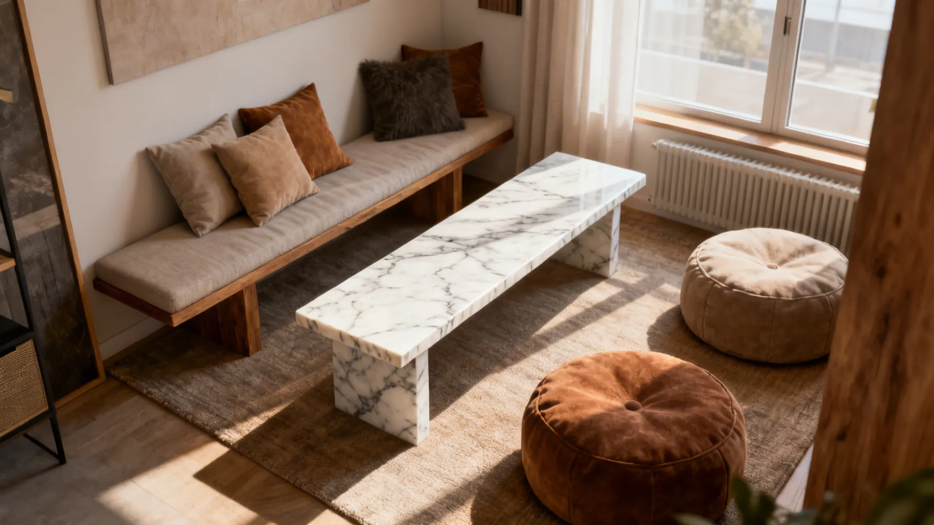 4. Marble Top Bench as Coffee Table