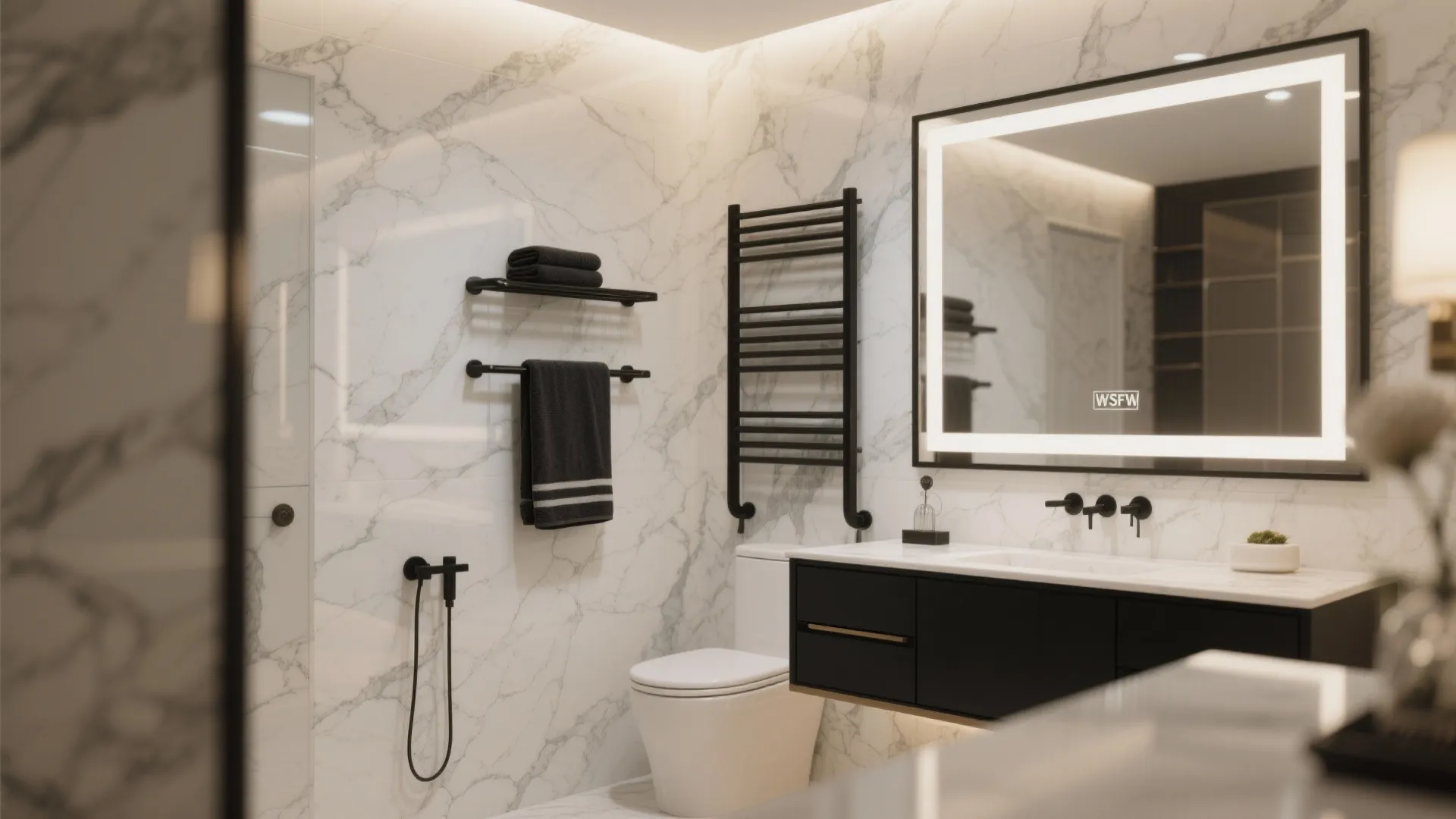 Luxury bathroom with marble walls black cabinet lighted mirror white toilet and black metal towel rack