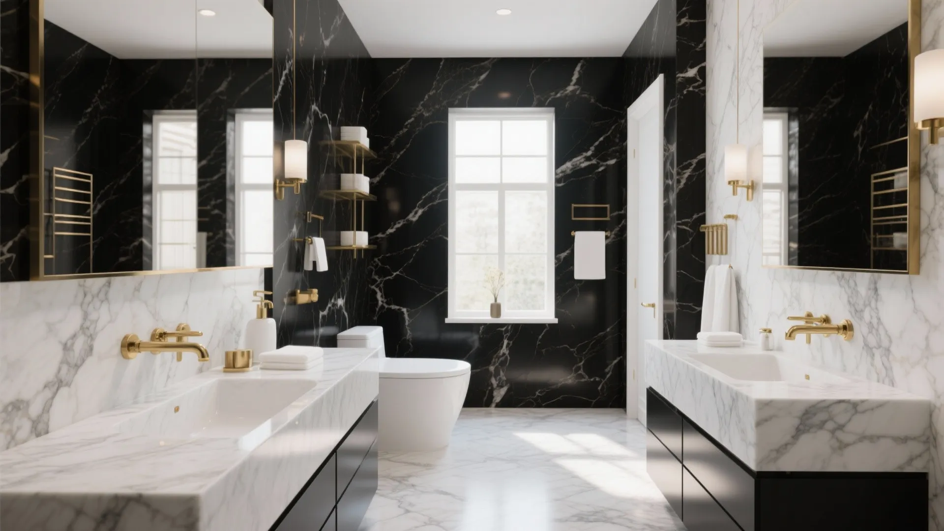 Luxury bathroom with black marble walls white marble vanity gold faucets wall lights and white toilet