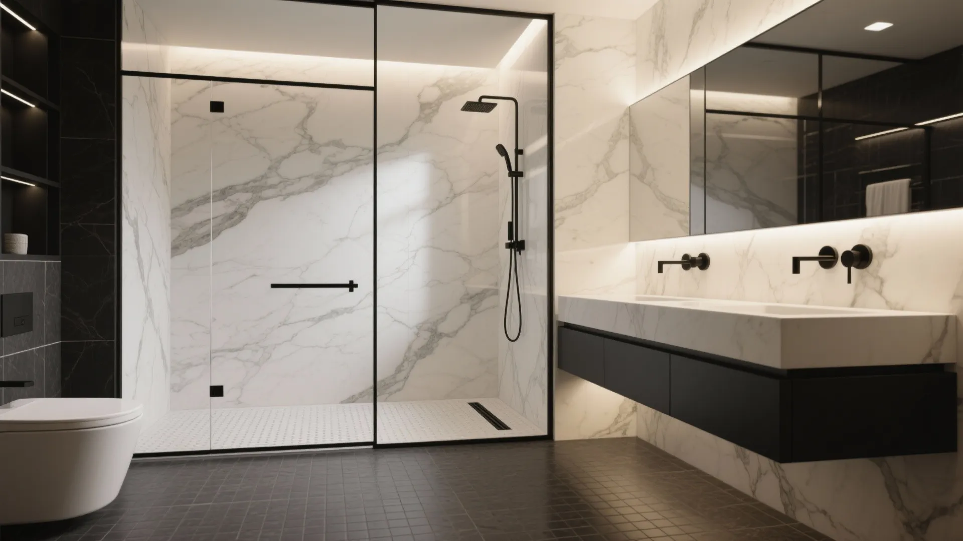 Large-format marble-look walls + matte black fixtures + textured shower floor