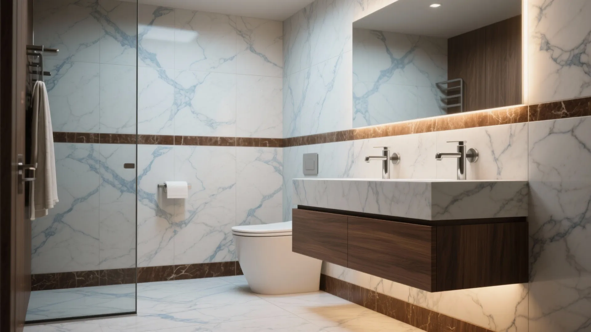 3. Marble-look tiles with subtle blue veins and walnut accents