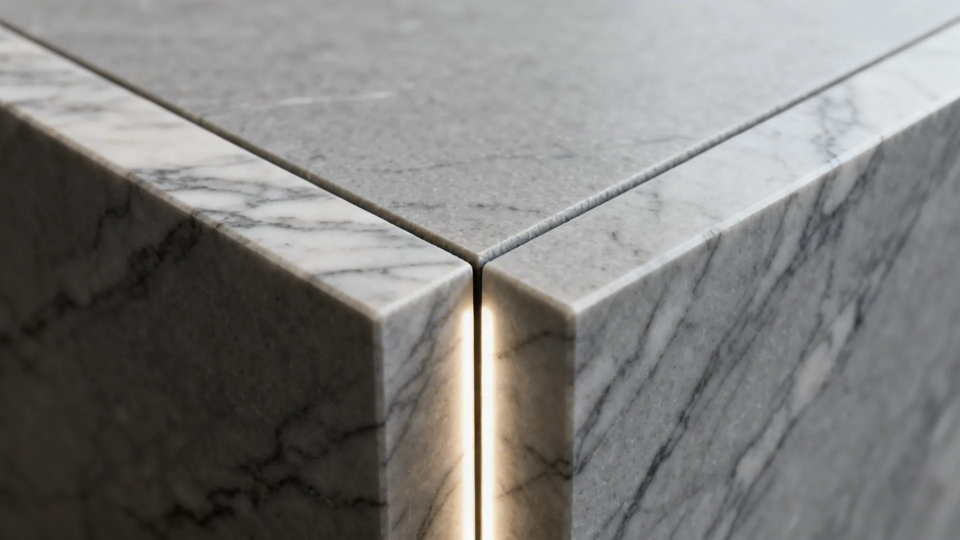 Macro of book-matched marble seam with precisely aligned mirrored veining