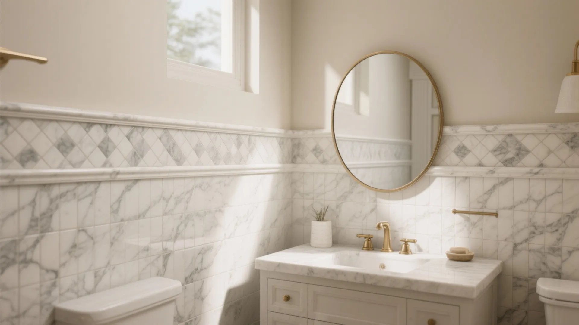 Bathroom with marble tile walls a round gold mirror and a gold wall light fixture