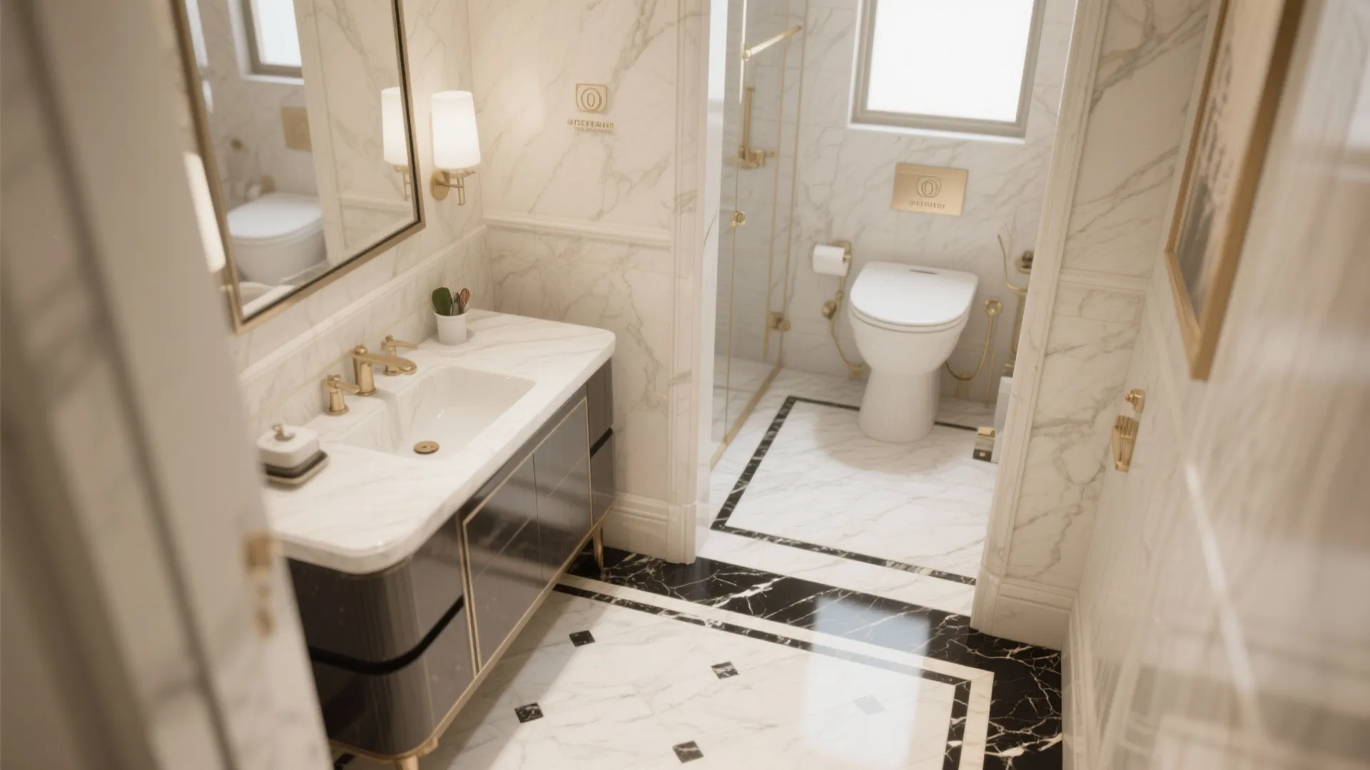 Luxury bathroom interior with black and white marble floor dark cabinet and gold light fixture