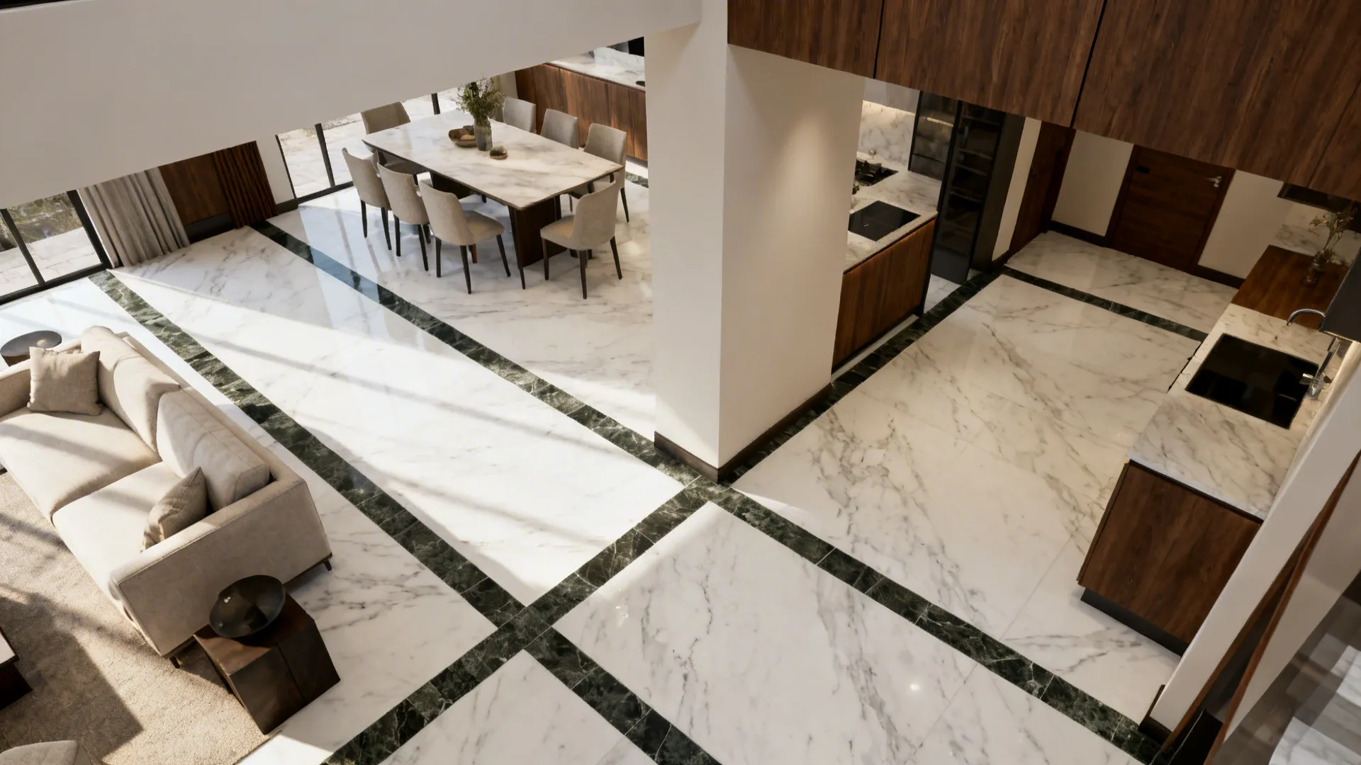 Top-down view showing thin dark stone border inlays defining living and dining zones.