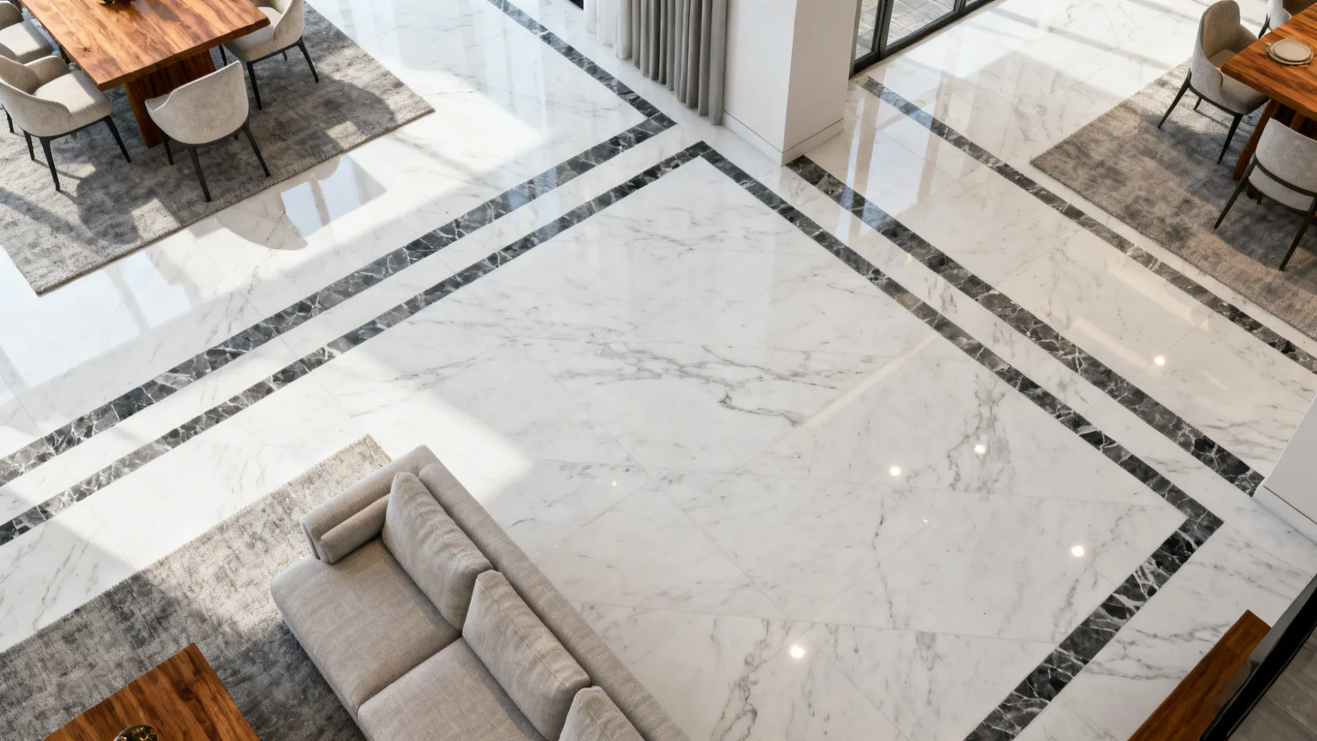 Top-down view of white marble floor with thin dark border inlays defining zones.
