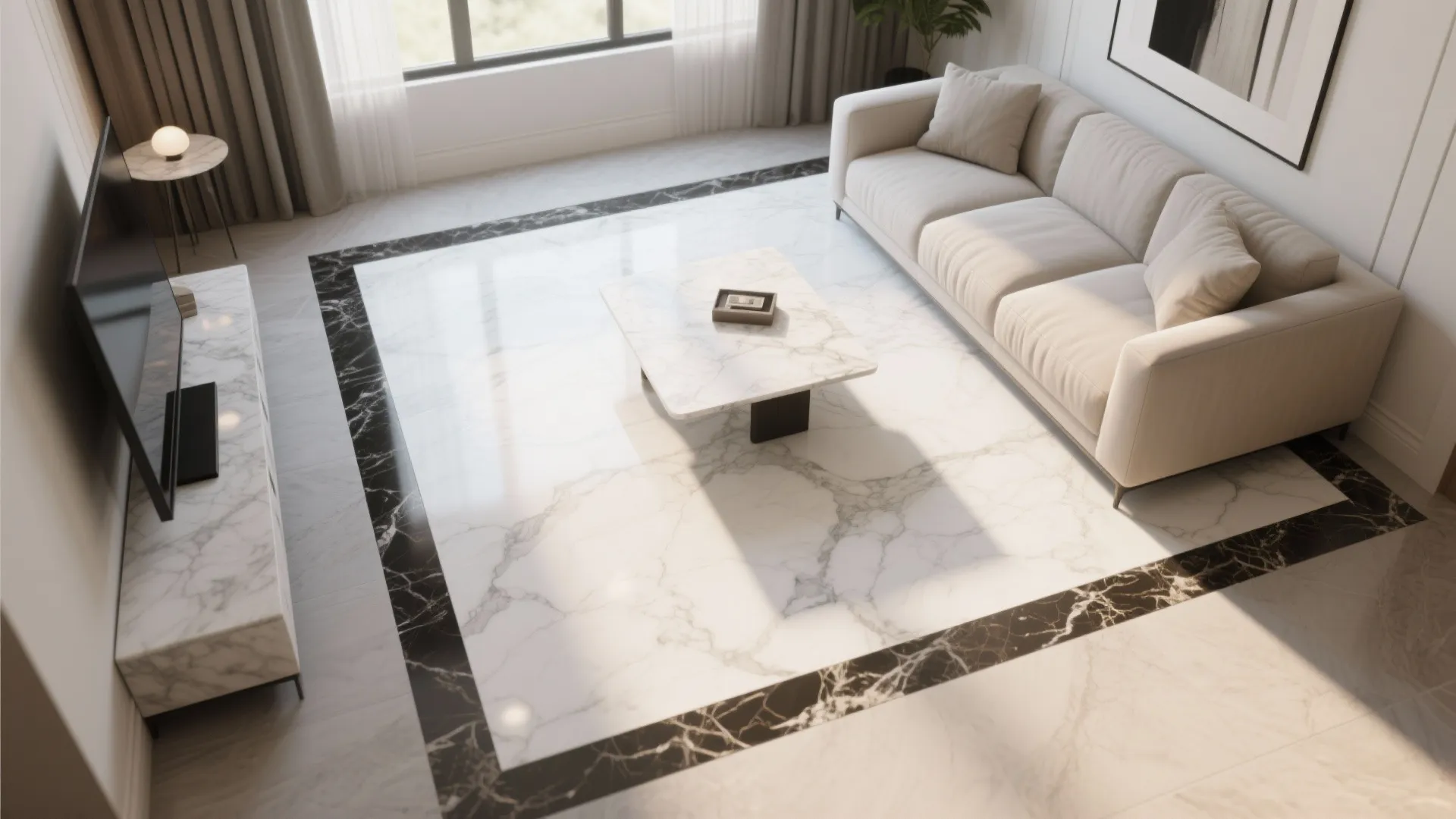 Modern living room featuring white marble floor tiles with a black border and beige sofa