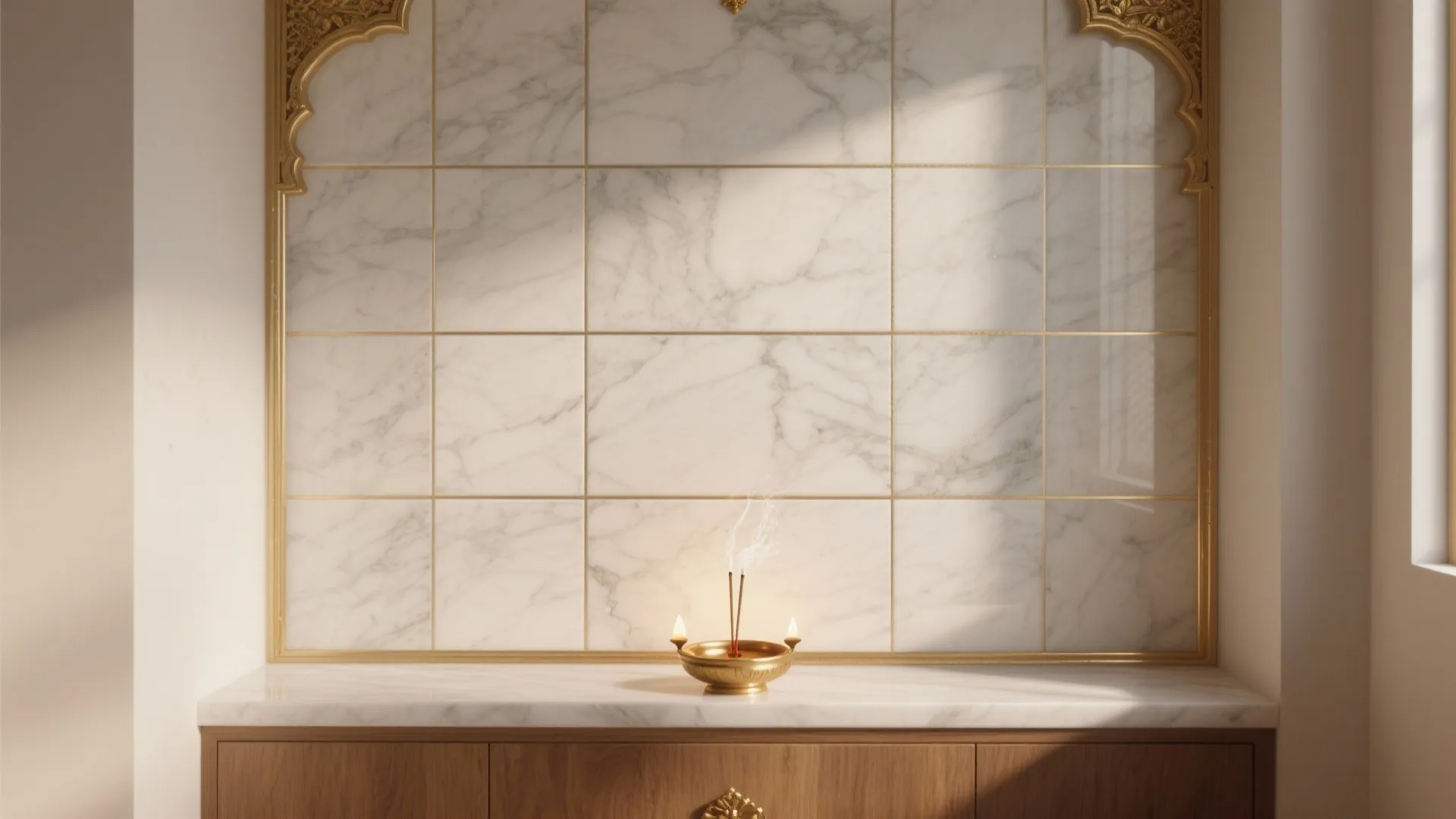 White marble wall tiles with gold frame above wooden cabinet holding small gold incense bowl