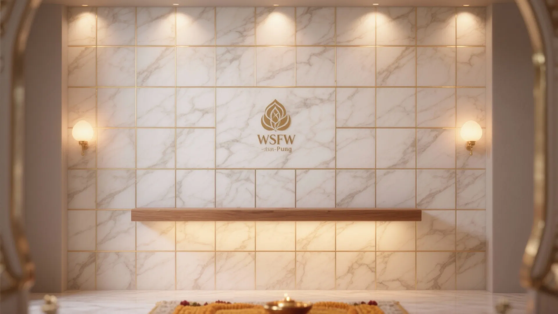 White marble tile wall with gold details plus wood shelf and two glowing round wall lights