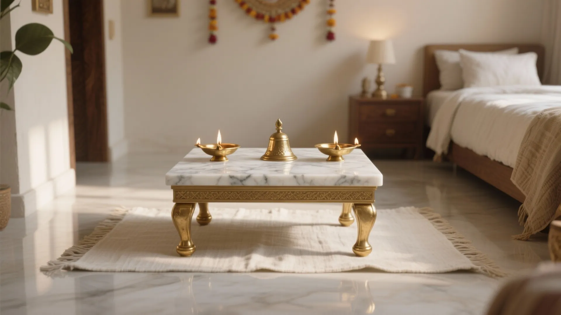 Elevated Marble Chowki with Brass Accents
