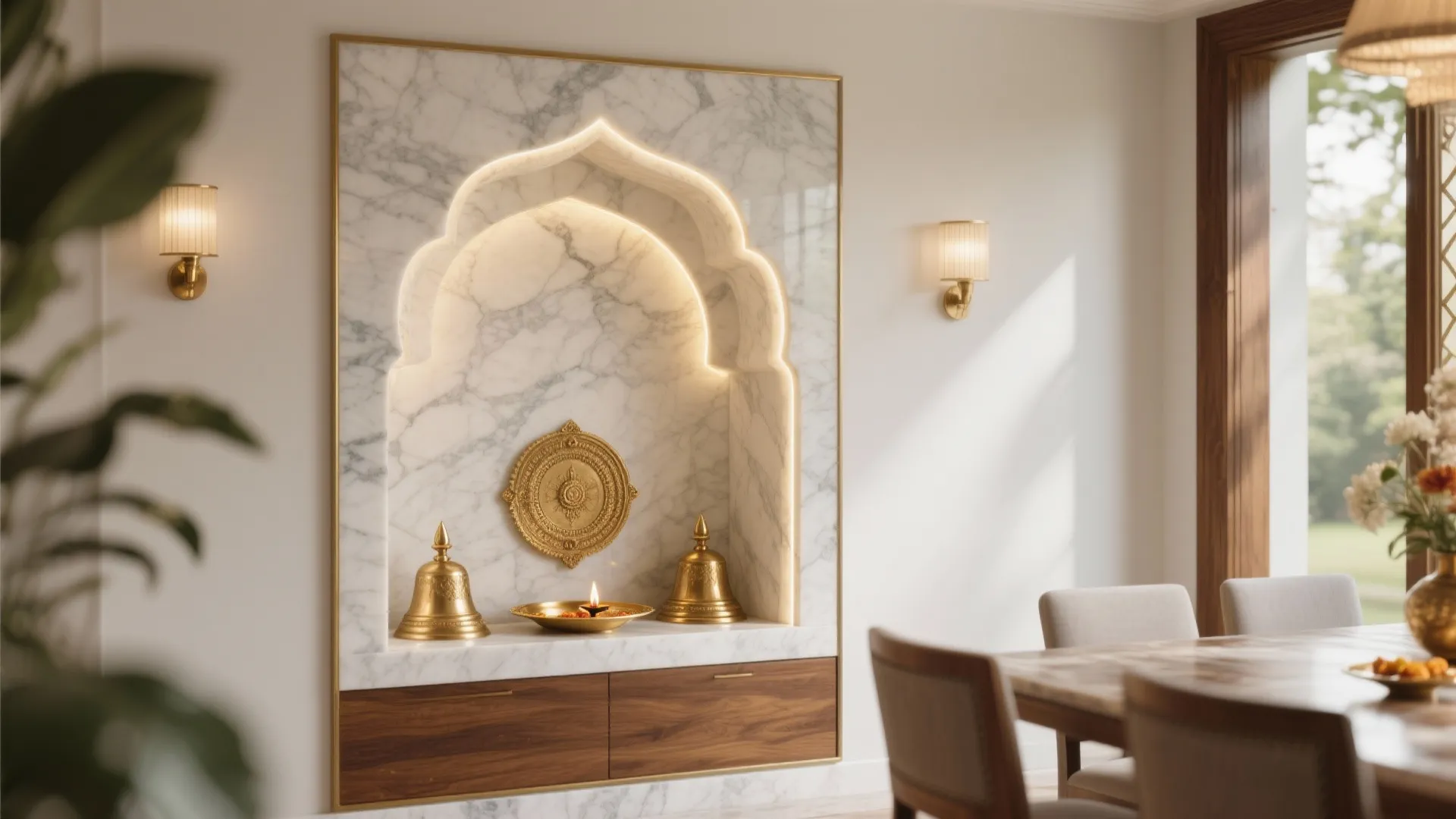 Marble wall niche with gold accents and wood cabinet beside a wooden dining room table