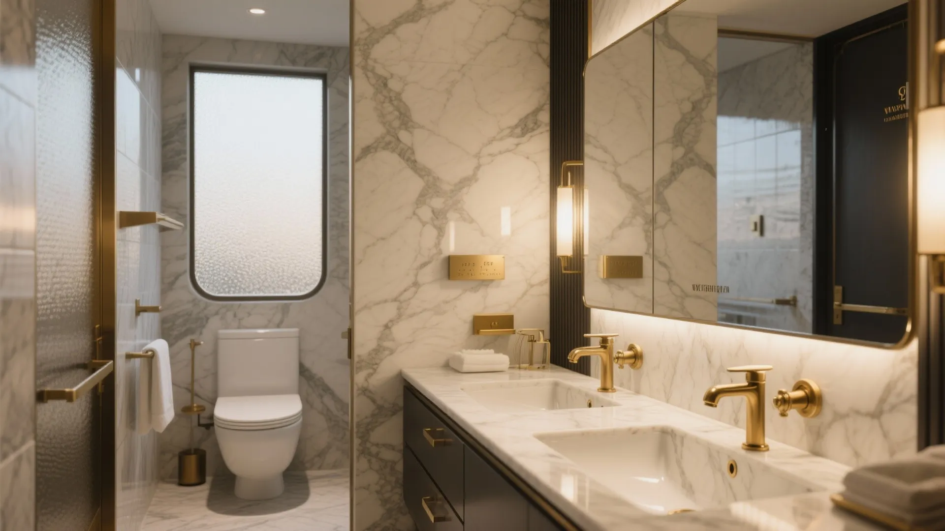 Luxury bathroom with marble walls and gold faucets plus a white toilet and wall light