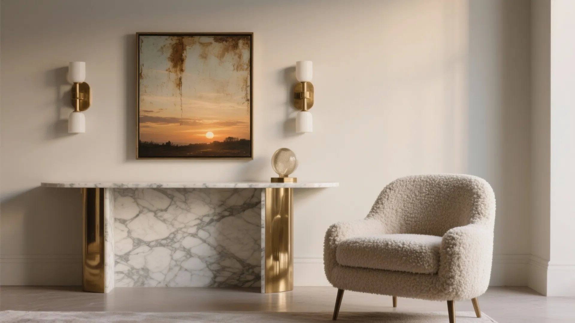 Elegant marble console table with gold legs paired with a textured white armchair and art