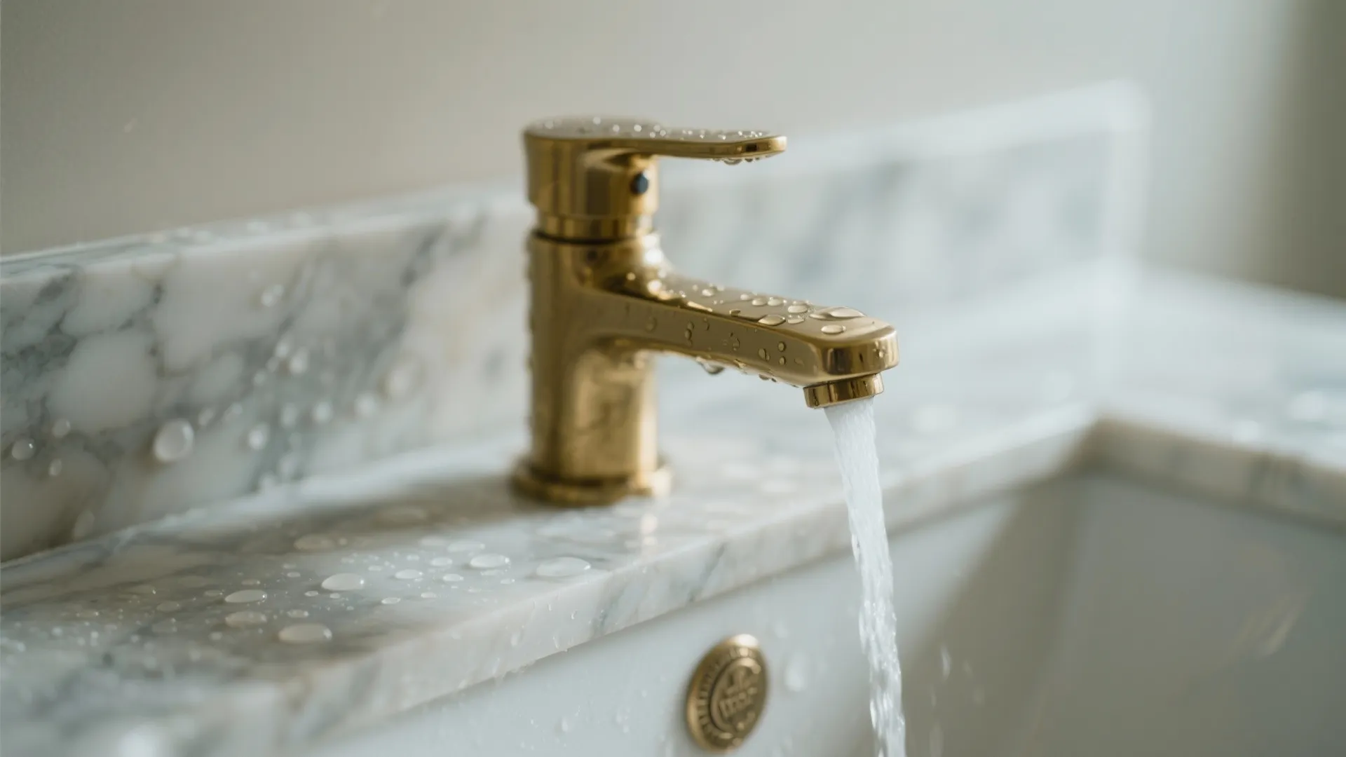 Close up of a gold water tap on marble sink with water flowing and droplets