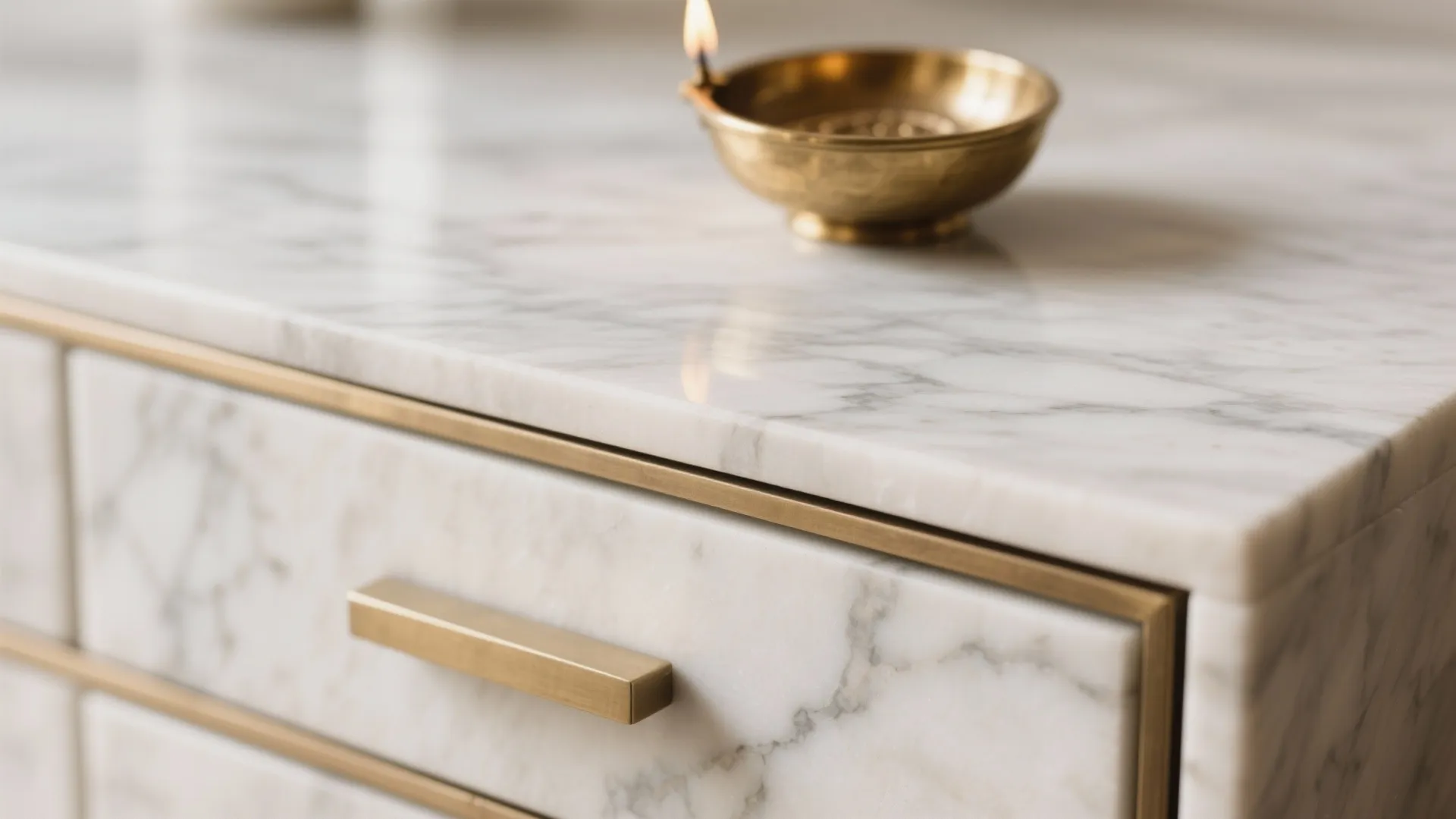 Macro of honed marble veining and brushed brass diya on a slim drawer plinth.