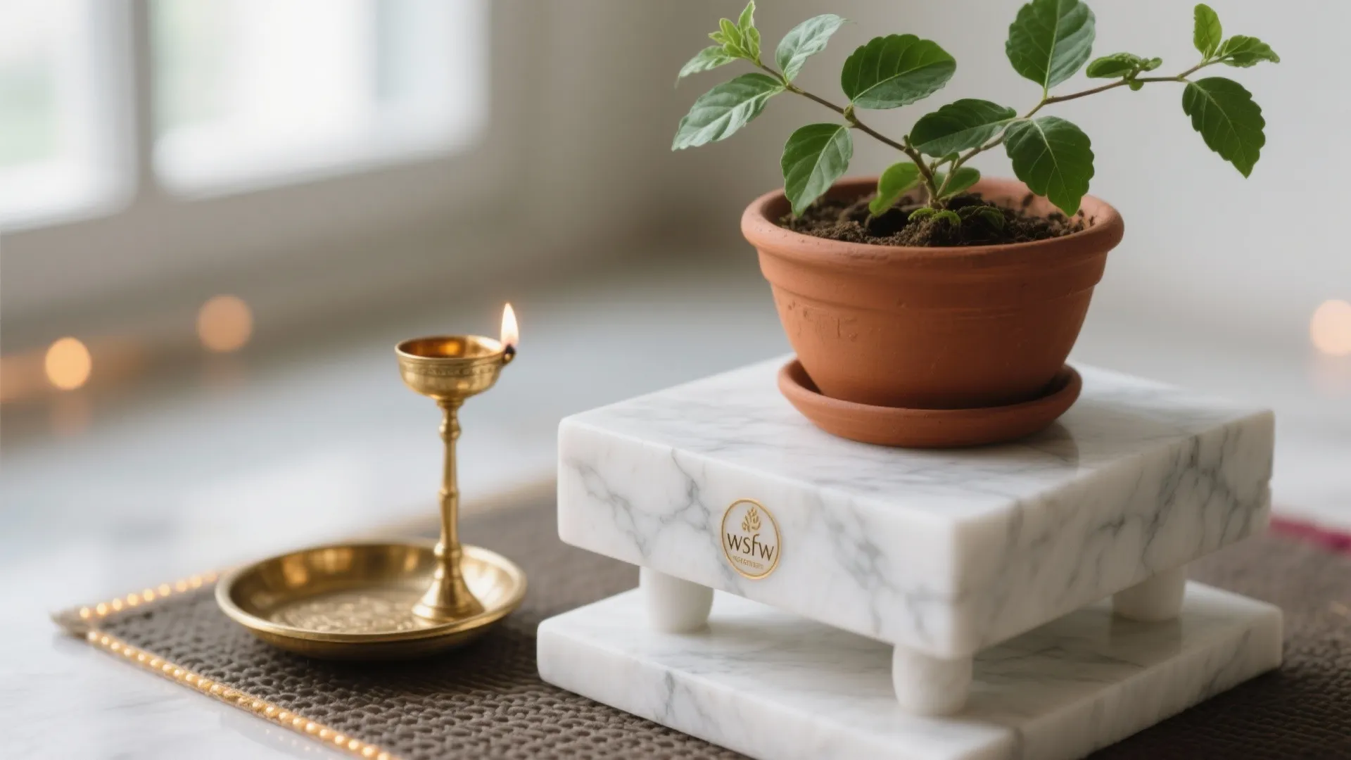 Minimal marble pedestal with brass accents