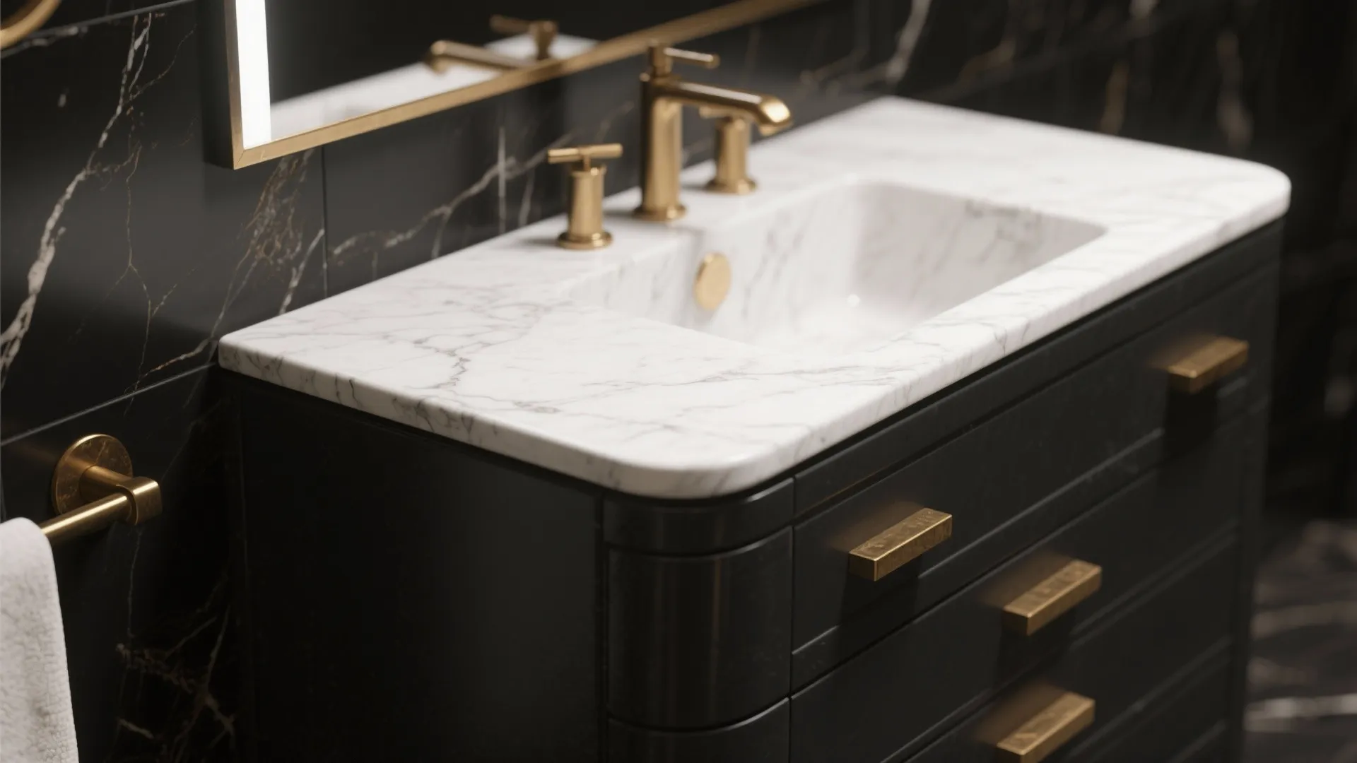 Close up of marble countertop with gold faucet and black cabinet in a modern bathroom