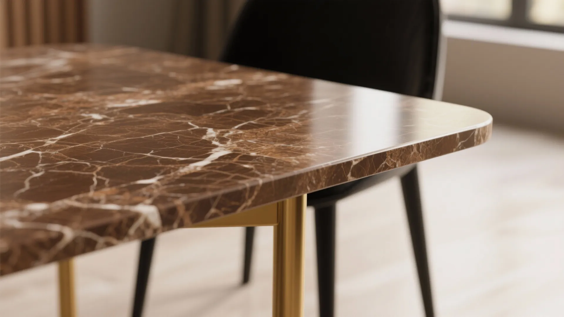 Close up of a brown marble dining table with gold metal legs and black chair