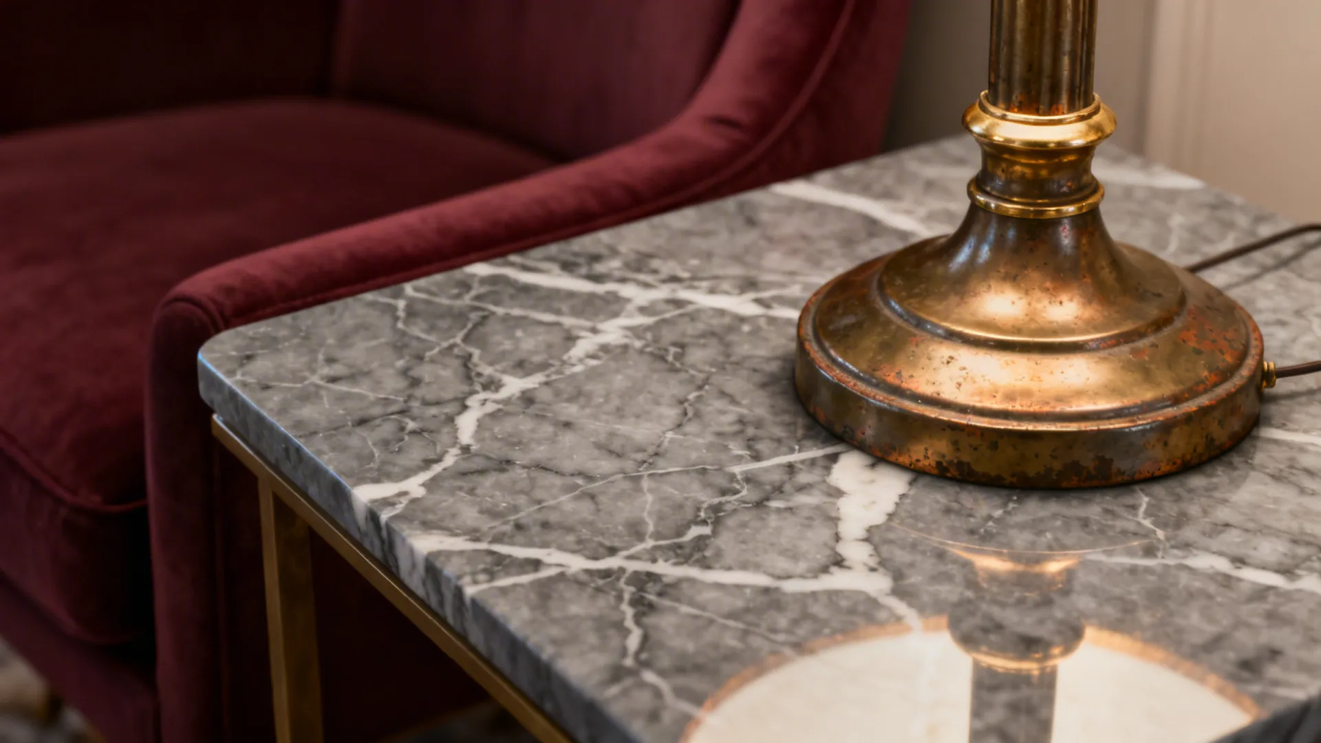 Gray marble side table with brass lamp and gold accents next to a burgundy chair.