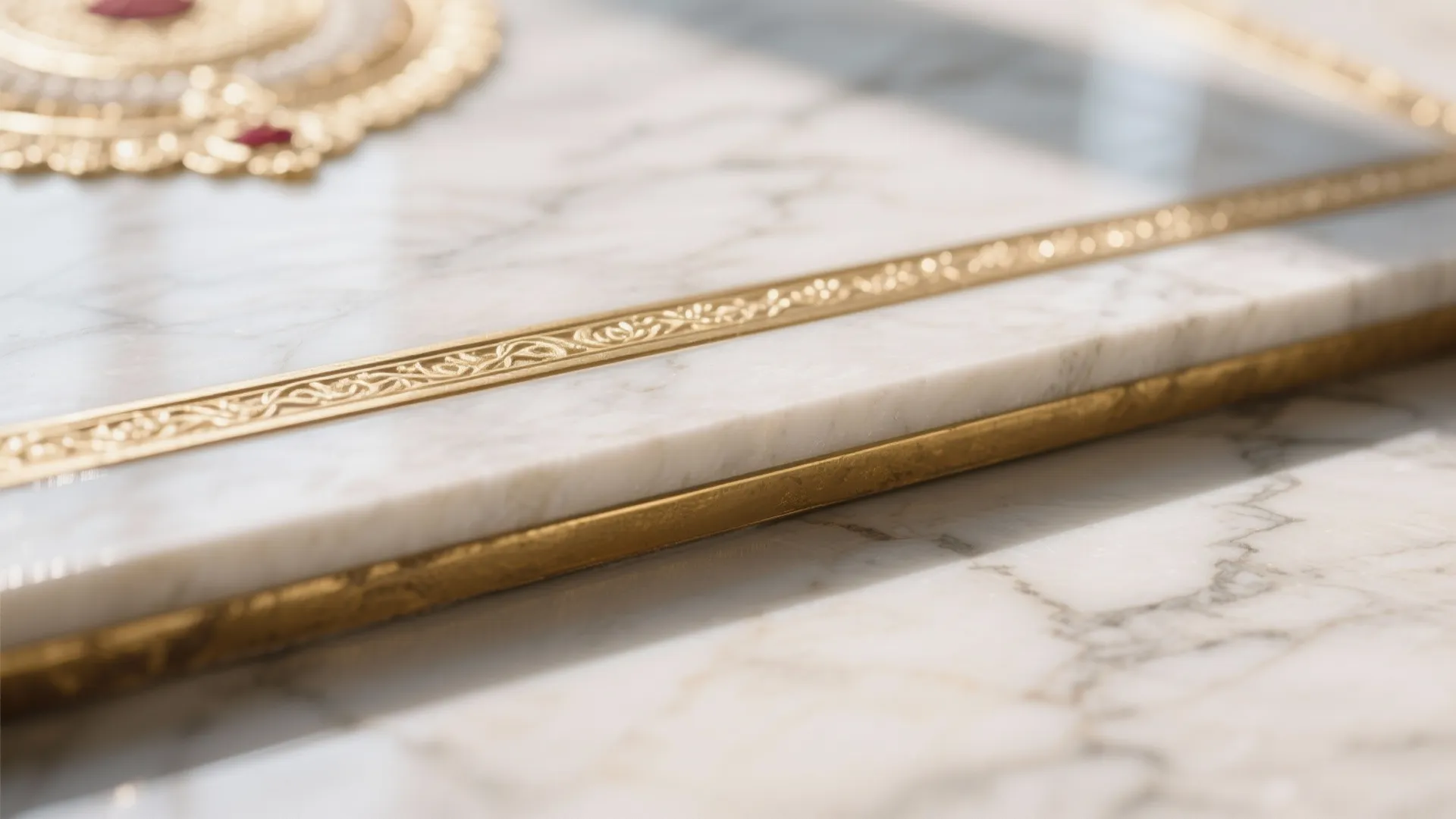 Close up view of white marble surface with decorative gold metal strips and sunlight shadows