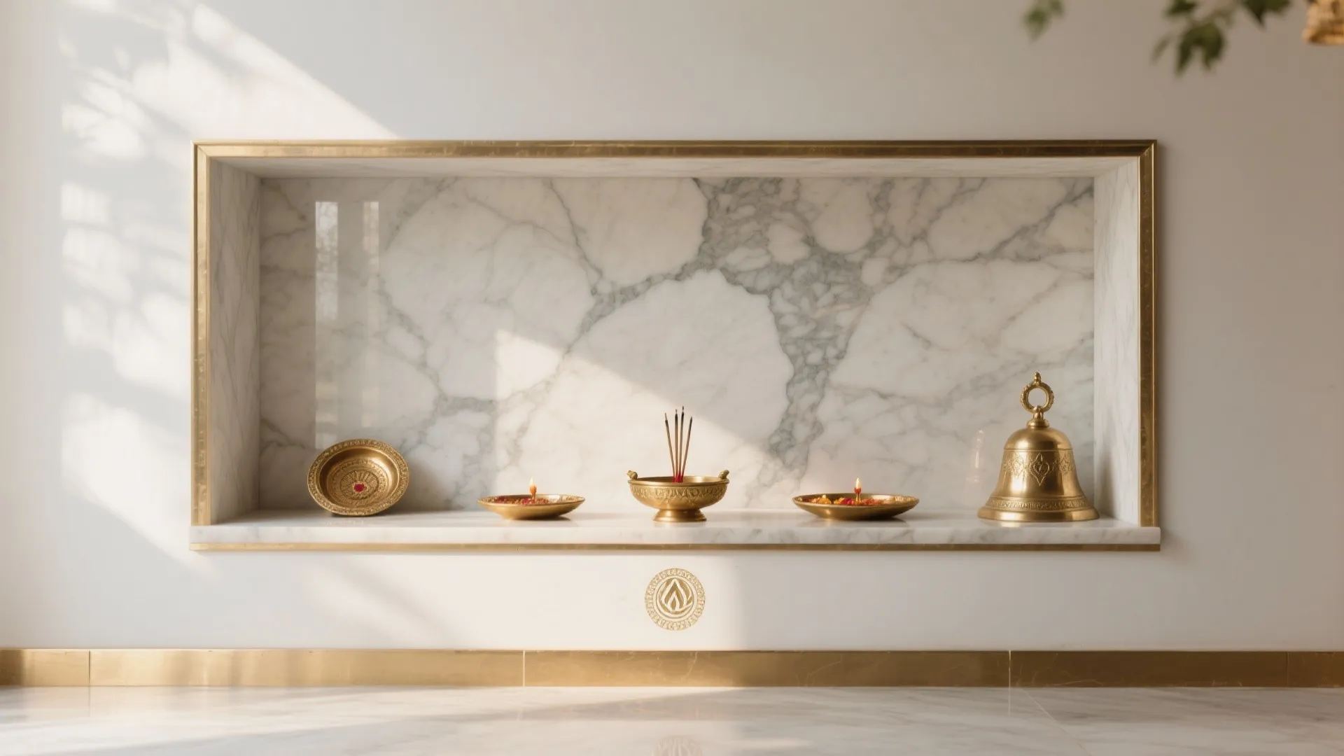 Marble-and-brass focal wall for a serene mandir