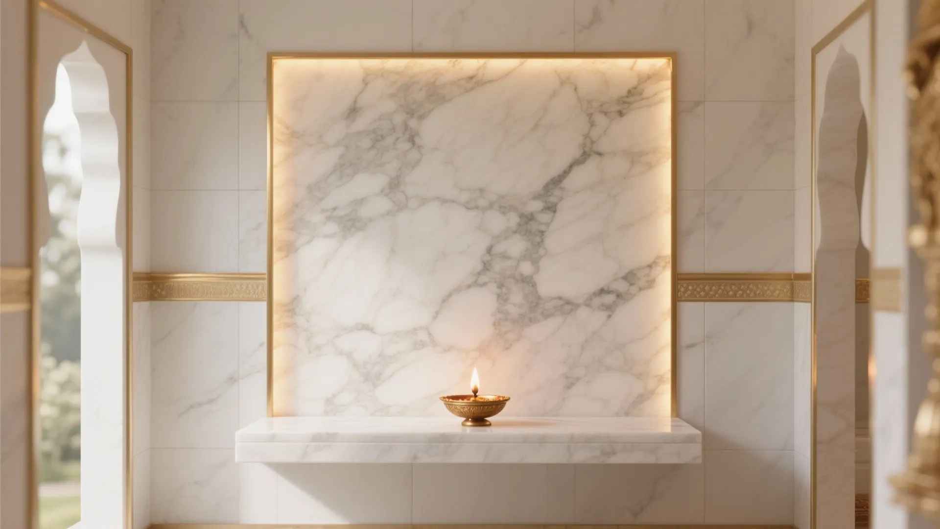 1) Marble-Look Porcelain Backdrop with Brass Accents