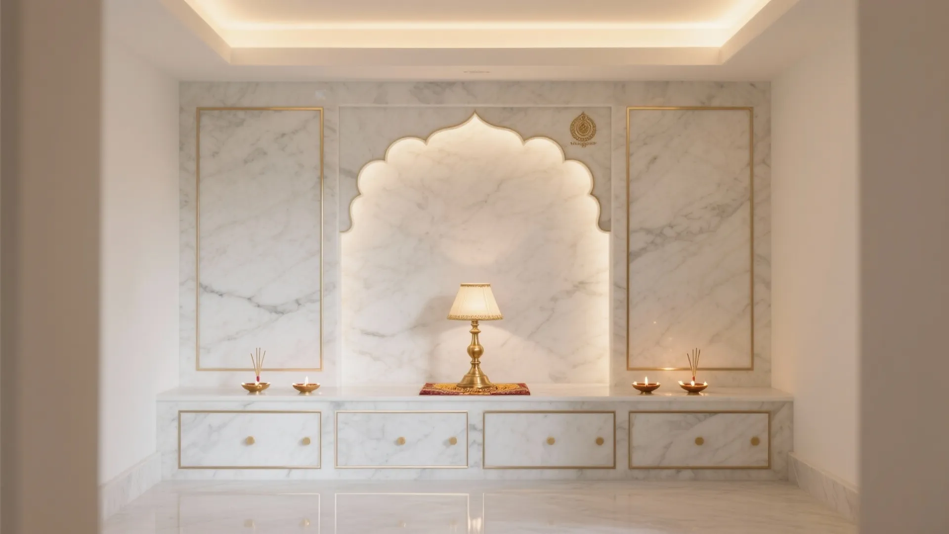 Minimal marble and brass mandir with hidden storage