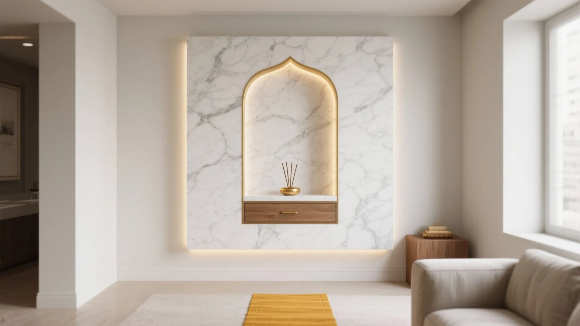 Minimalist marble wall niche with gold frame, wooden drawer, backlighting, and a modern living room