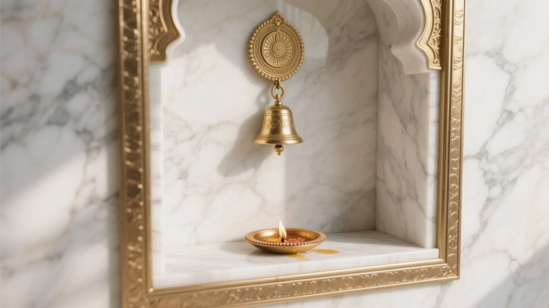 Marble-clad pooja niche with brushed brass trims and diya plate.