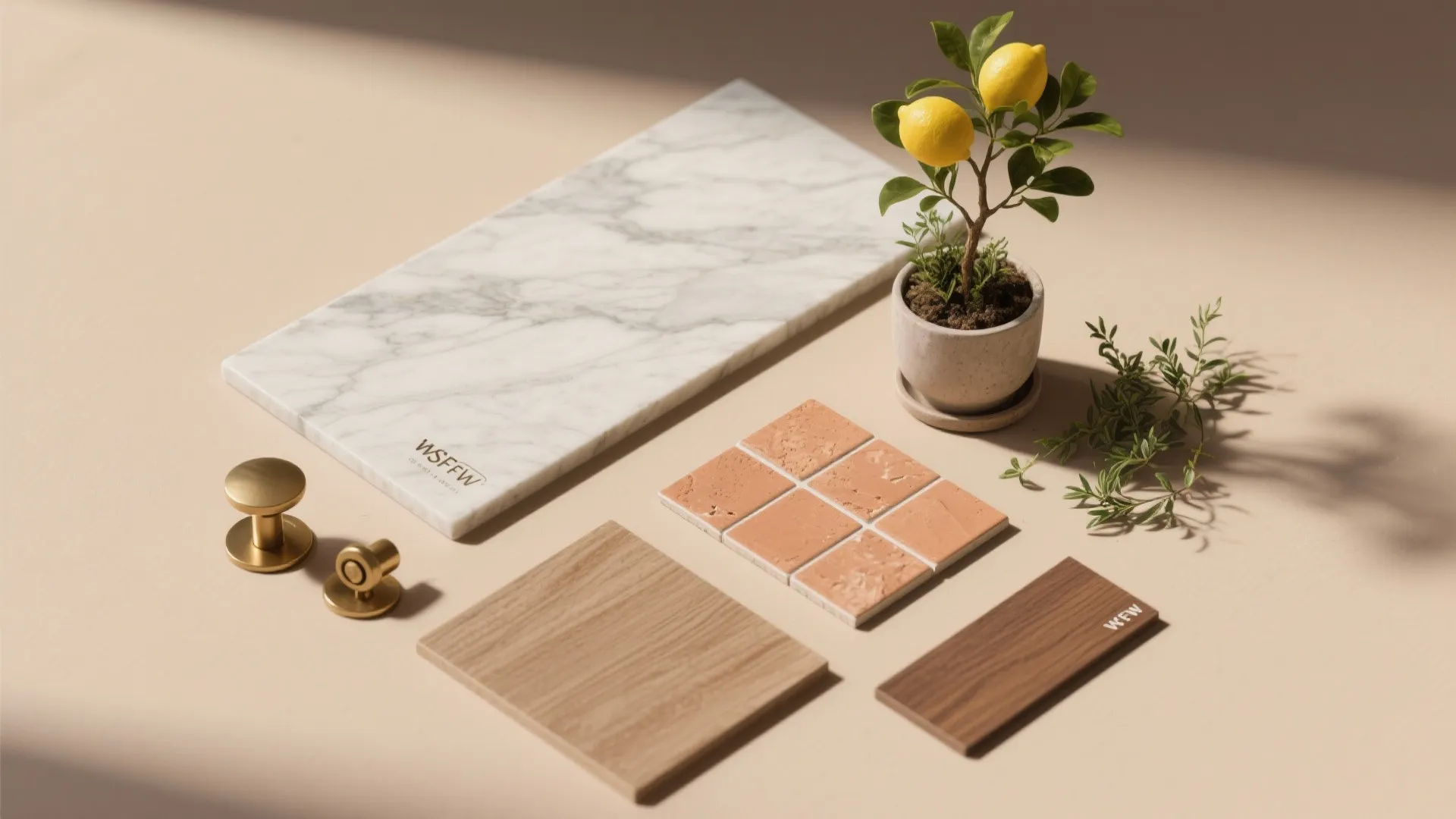 Material flatlay with light marble, brass hardware, and potted herbs for an Italian kitchen palette.