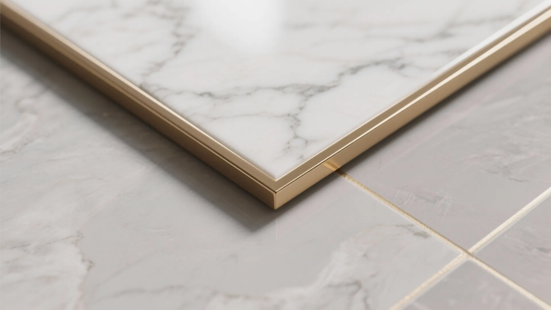 3) Marble-look tiles with warm metal trims