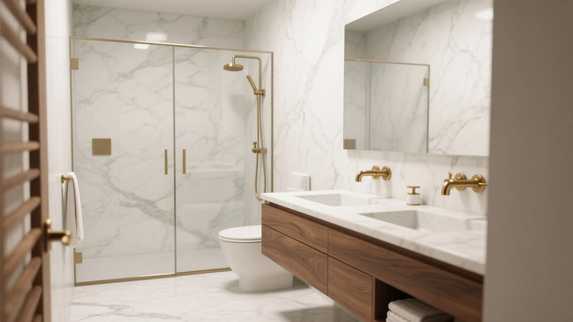 Small marble bathroom with brushed brass fixtures and a walnut floating vanity.