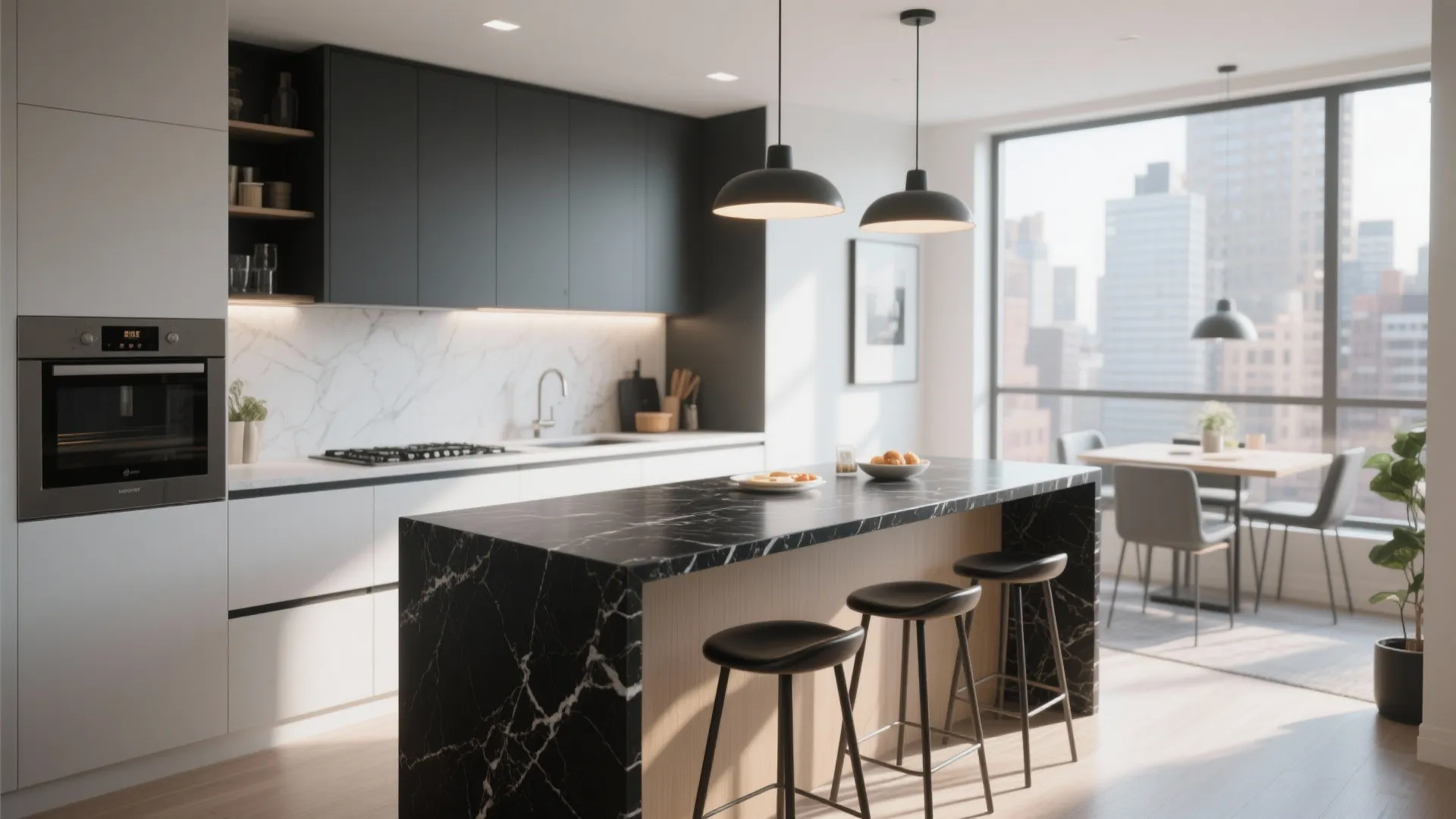 Modern kitchen with black marble island stools wooden cabinets and city view through large windows