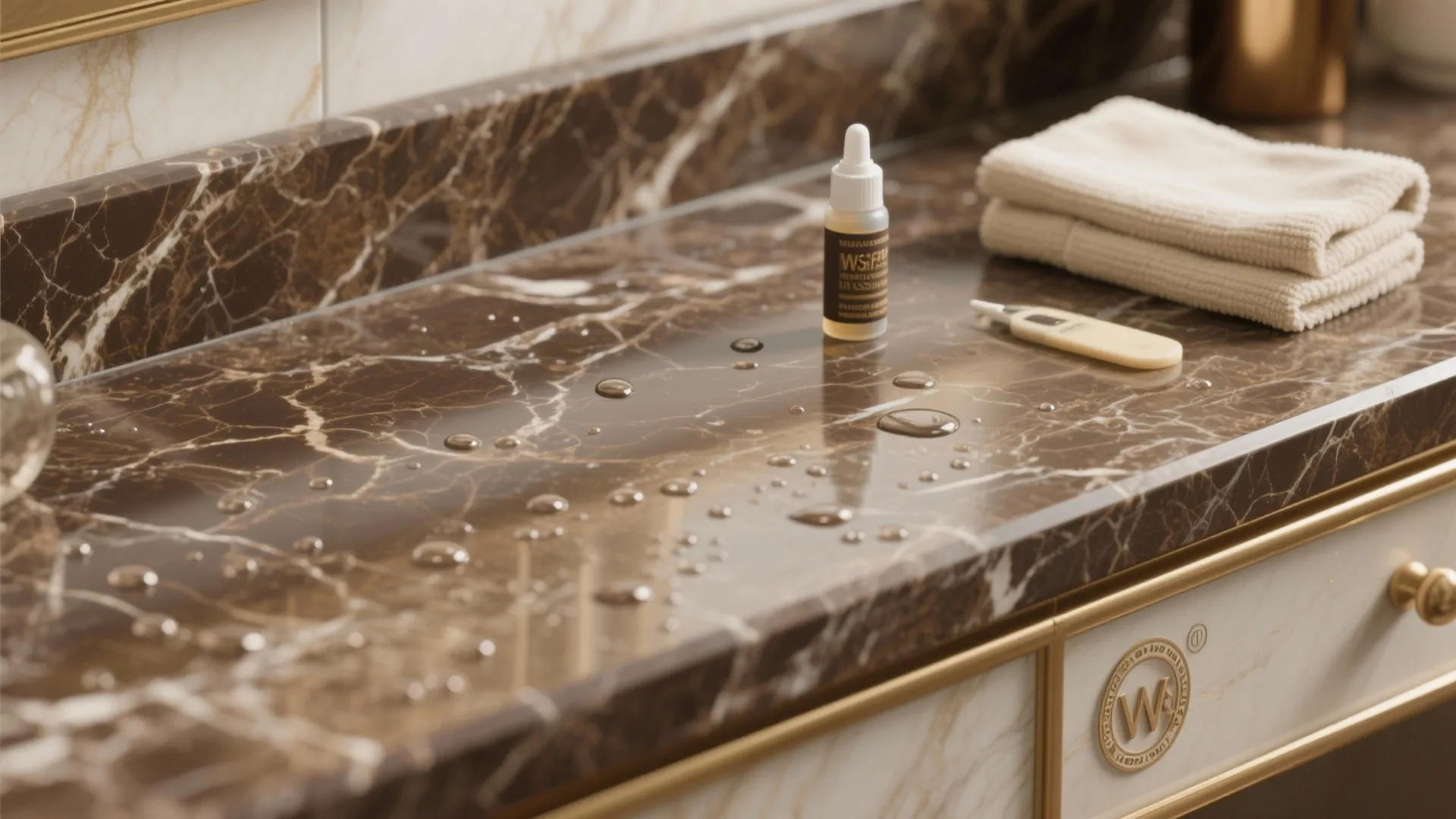 Water drops on a brown marble counter top next to a bottle and folded towels