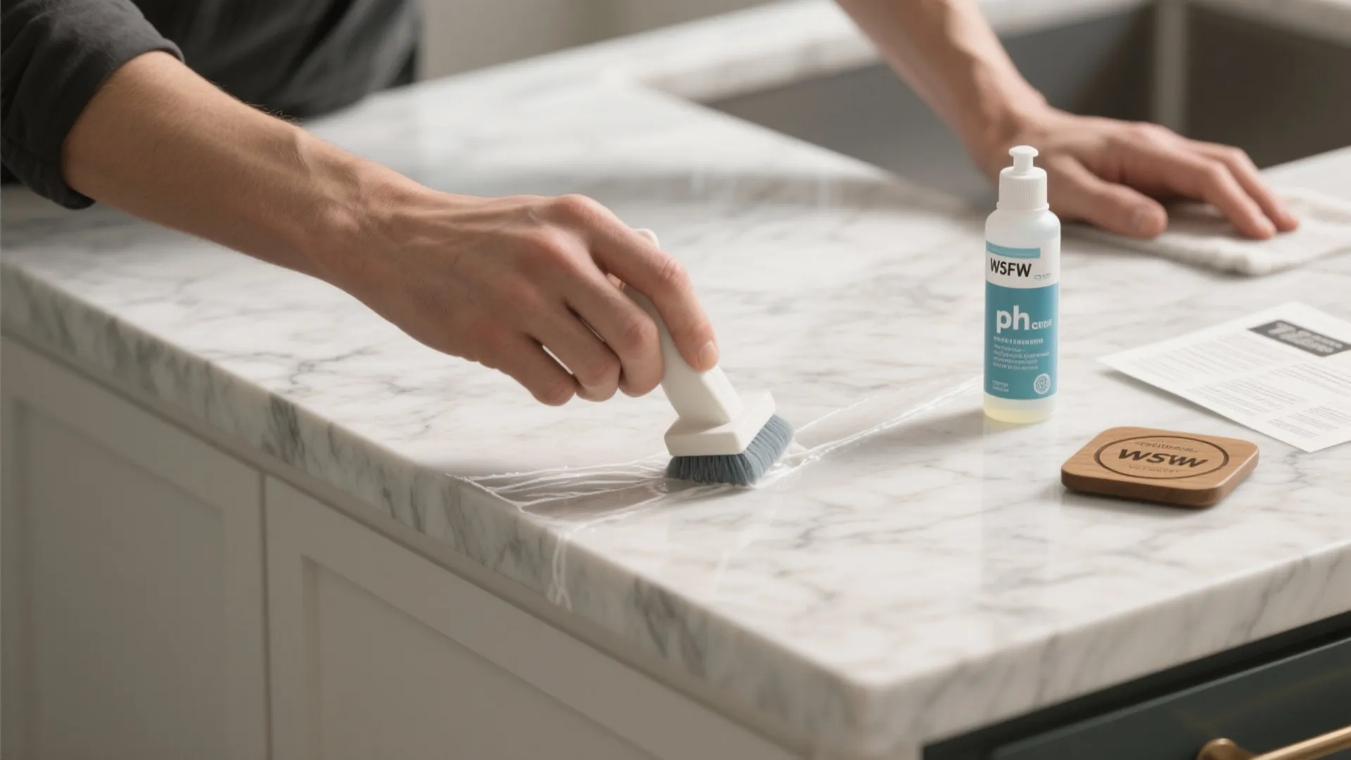 Person cleaning white marble kitchen countertop surface with a small hand brush and liquid cleaner